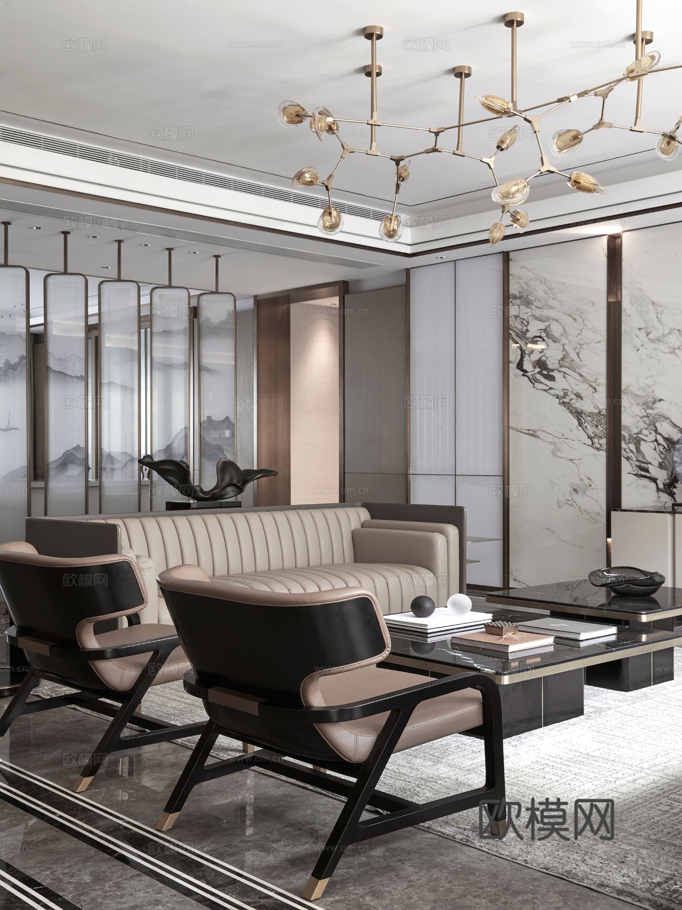 新中式家装效果图卧室客厅餐厅 高级灰极简设计高级灰效果图下载（渲染图2）