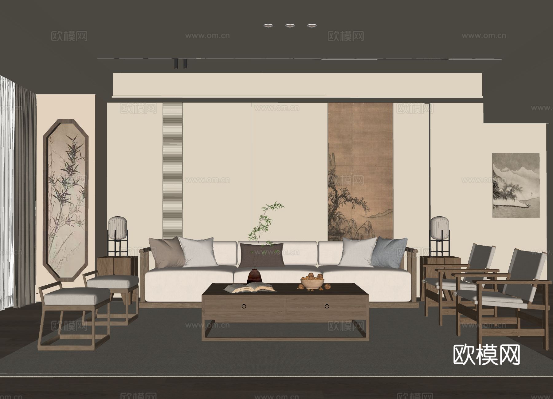 新中式客厅su模型