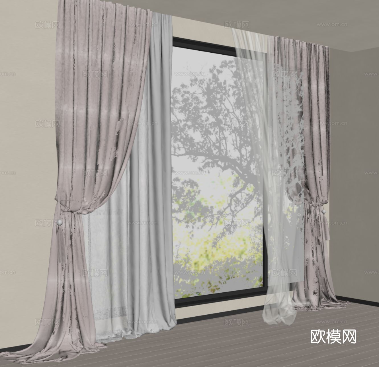 现代窗帘 布帘 纱帘 双开帘su模型
