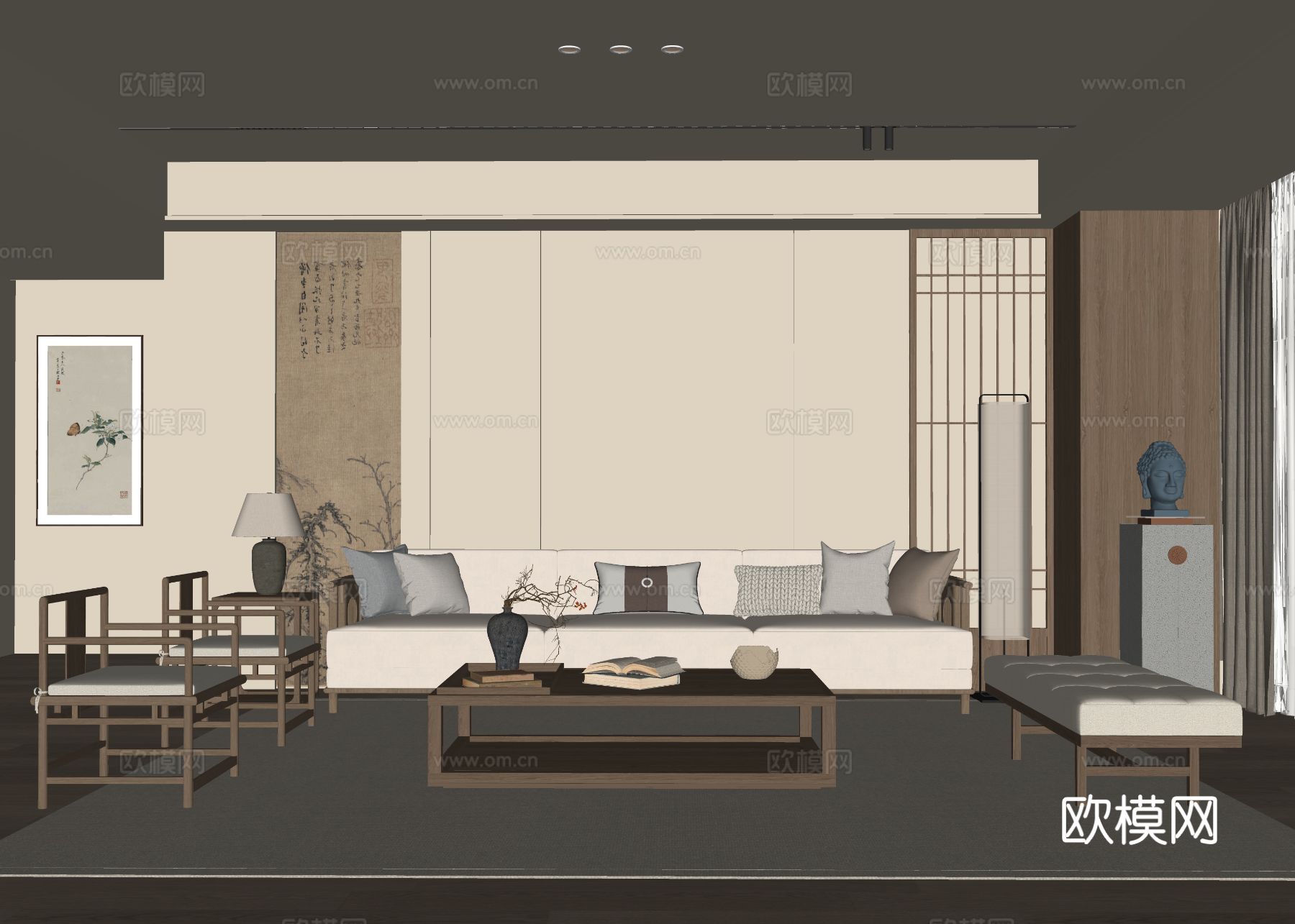 新中式客厅su模型