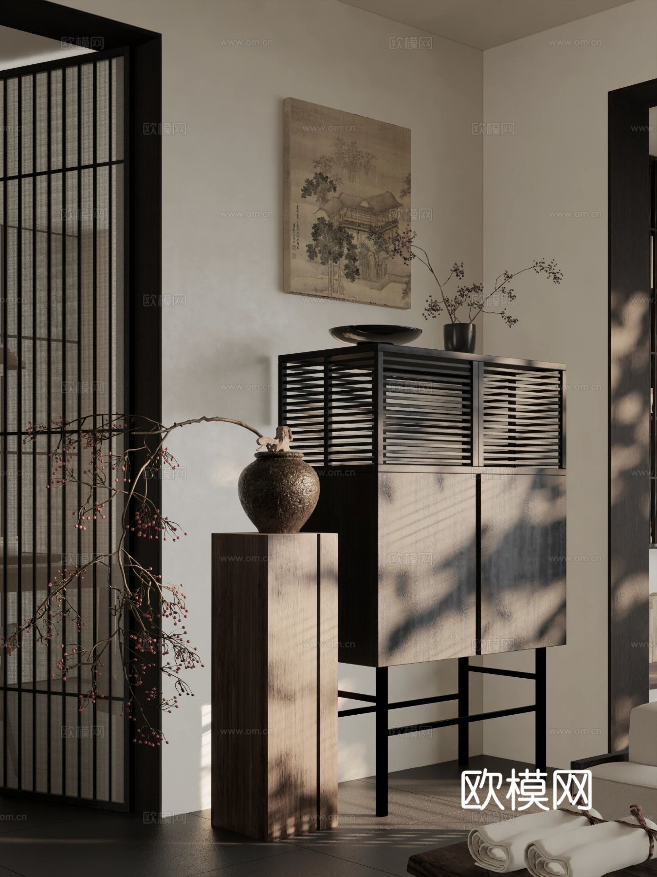 现代宋代美学家装效果图卧室客厅餐厅 高级灰极简设计中式效果图下载（渲染图3）