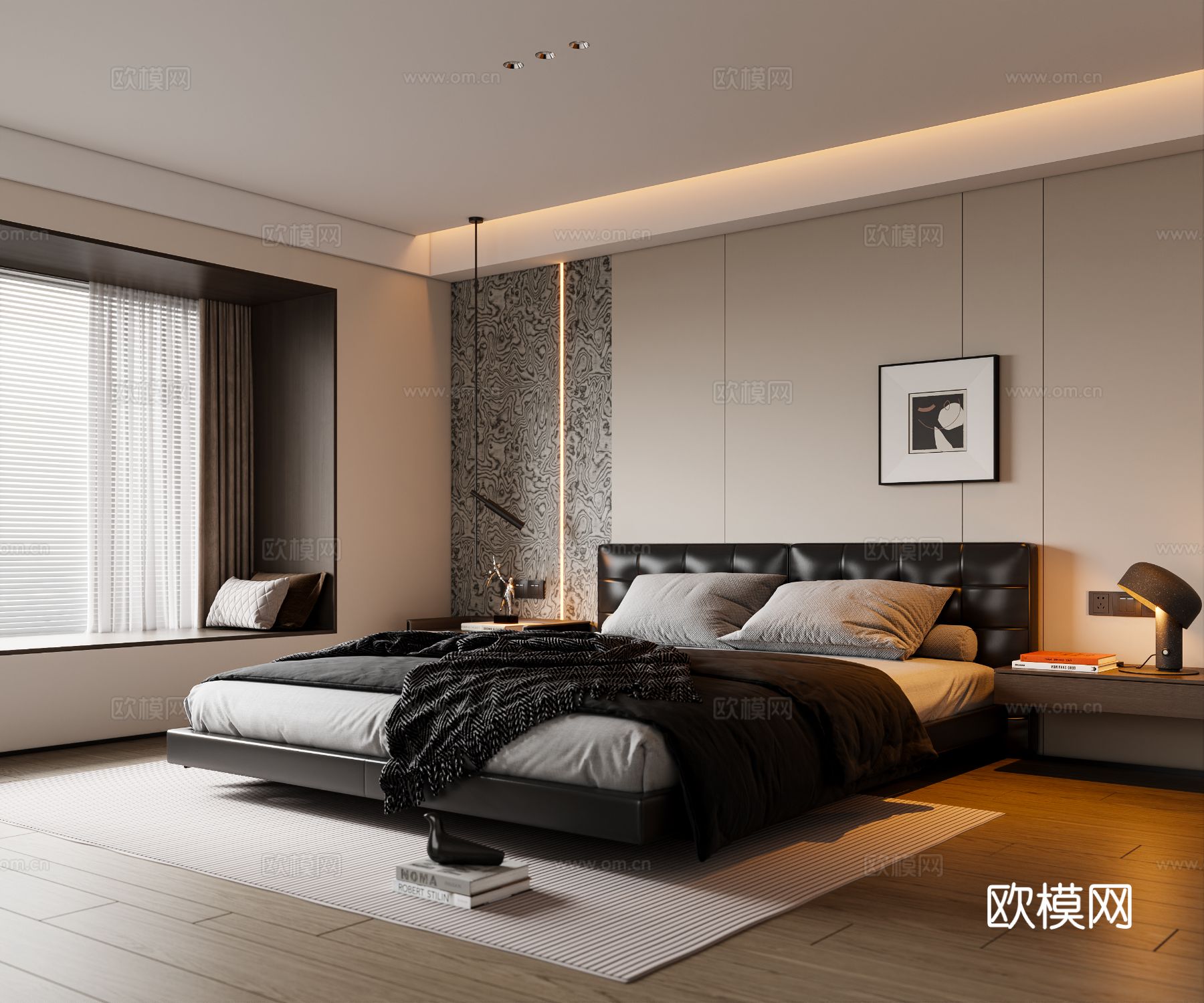 现代意式卧室 皮质双人床 床头柜 吊灯 挂画 地毯su模型