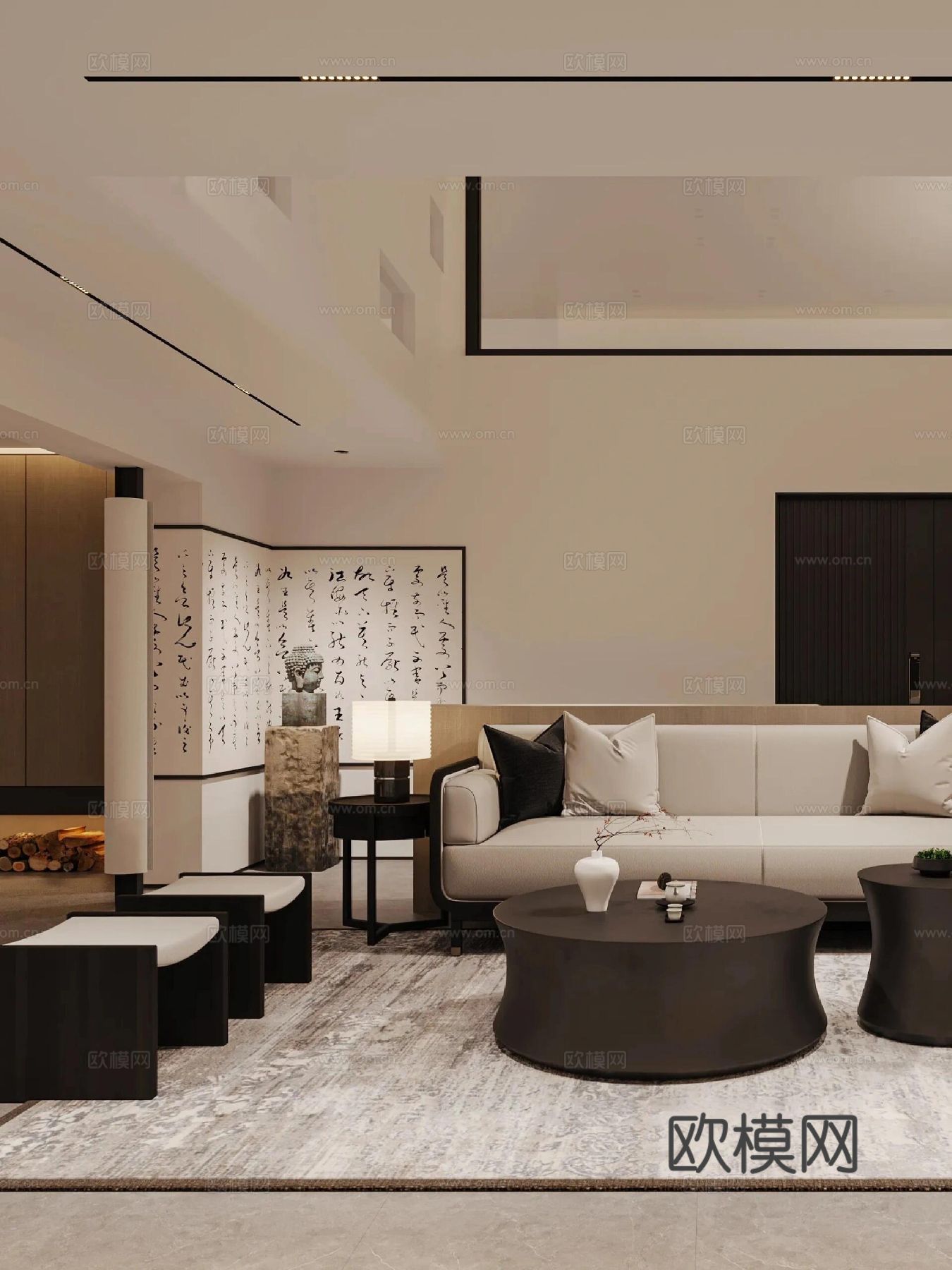 现代宋代美学家装效果图卧室客厅餐厅 高级灰极简设计中式效果图下载（渲染图1）