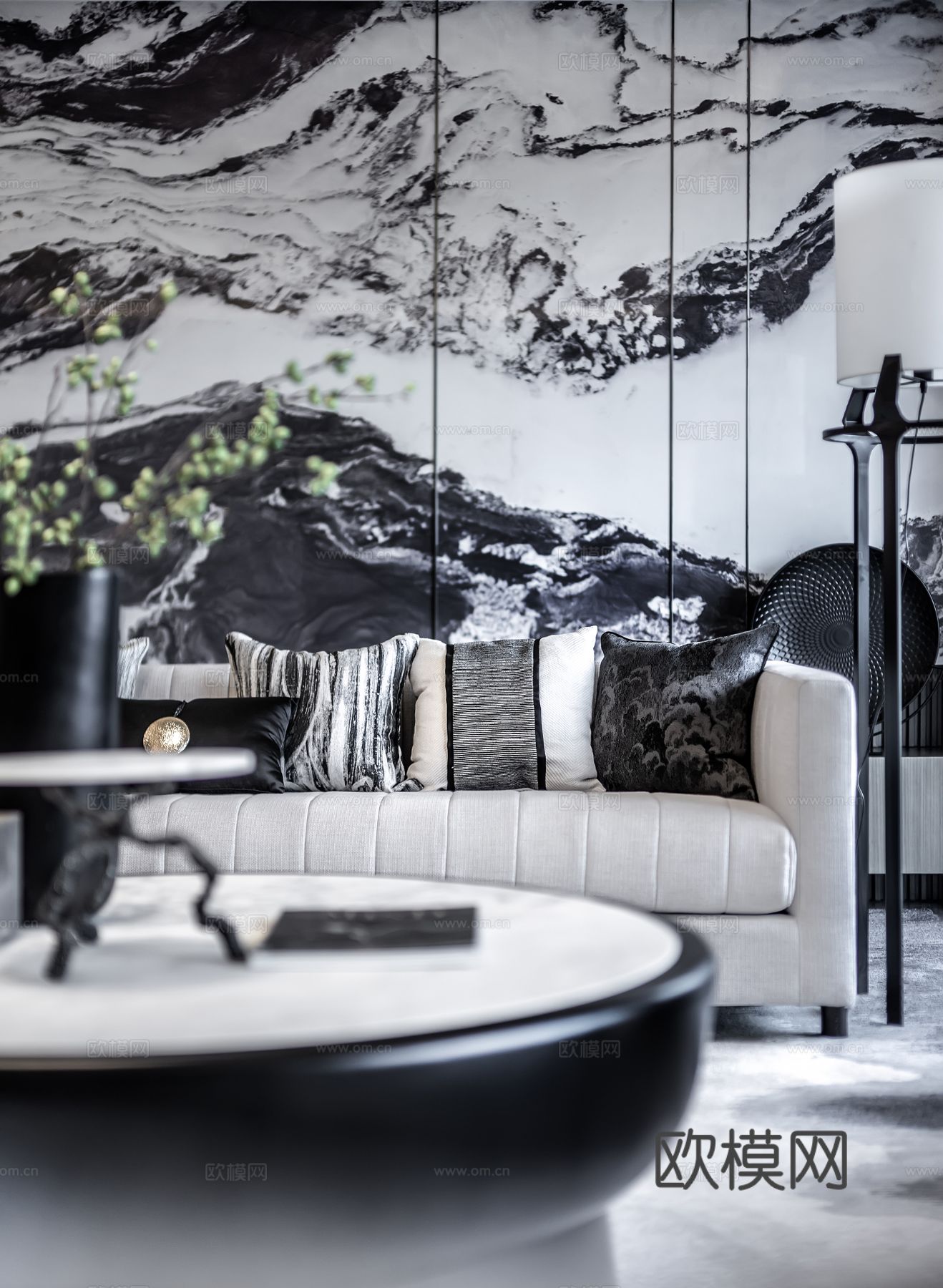 新中式家装效果图卧室客厅餐厅 高级灰极简设计高级灰效果图下载（渲染图1）