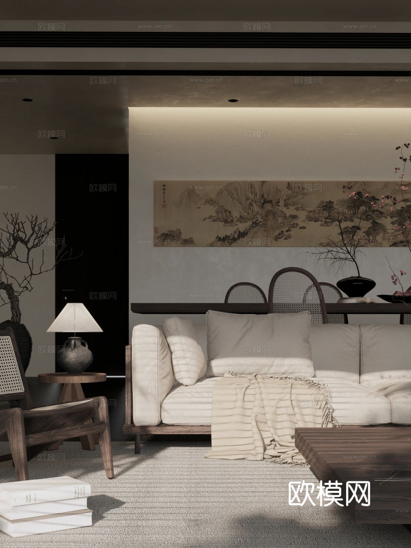 现代宋代美学家装效果图卧室客厅餐厅 高级灰极简设计中式效果图下载（渲染图6）