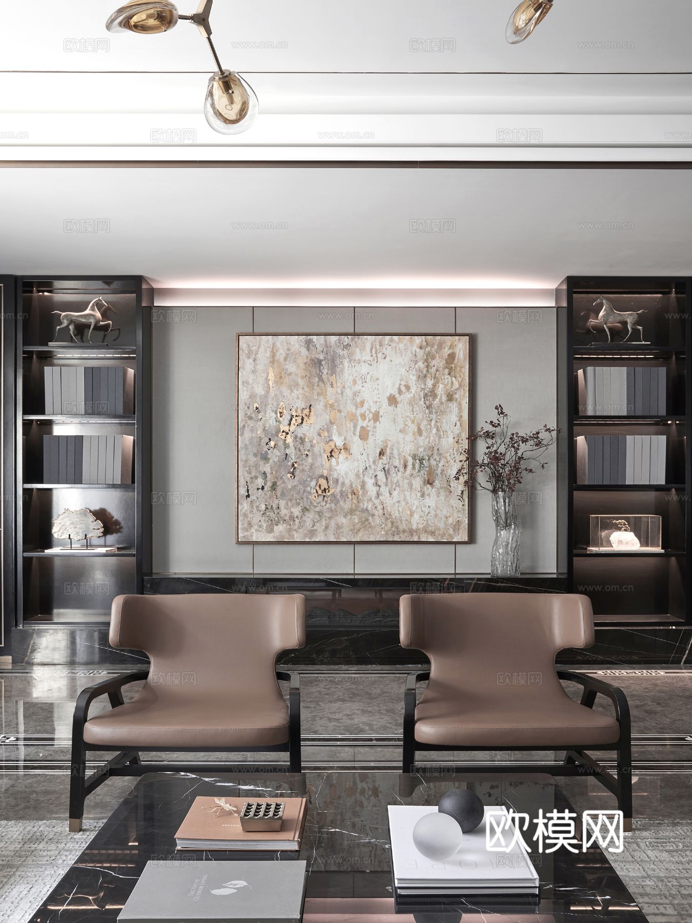 新中式家装效果图卧室客厅餐厅 高级灰极简设计高级灰效果图下载（渲染图3）