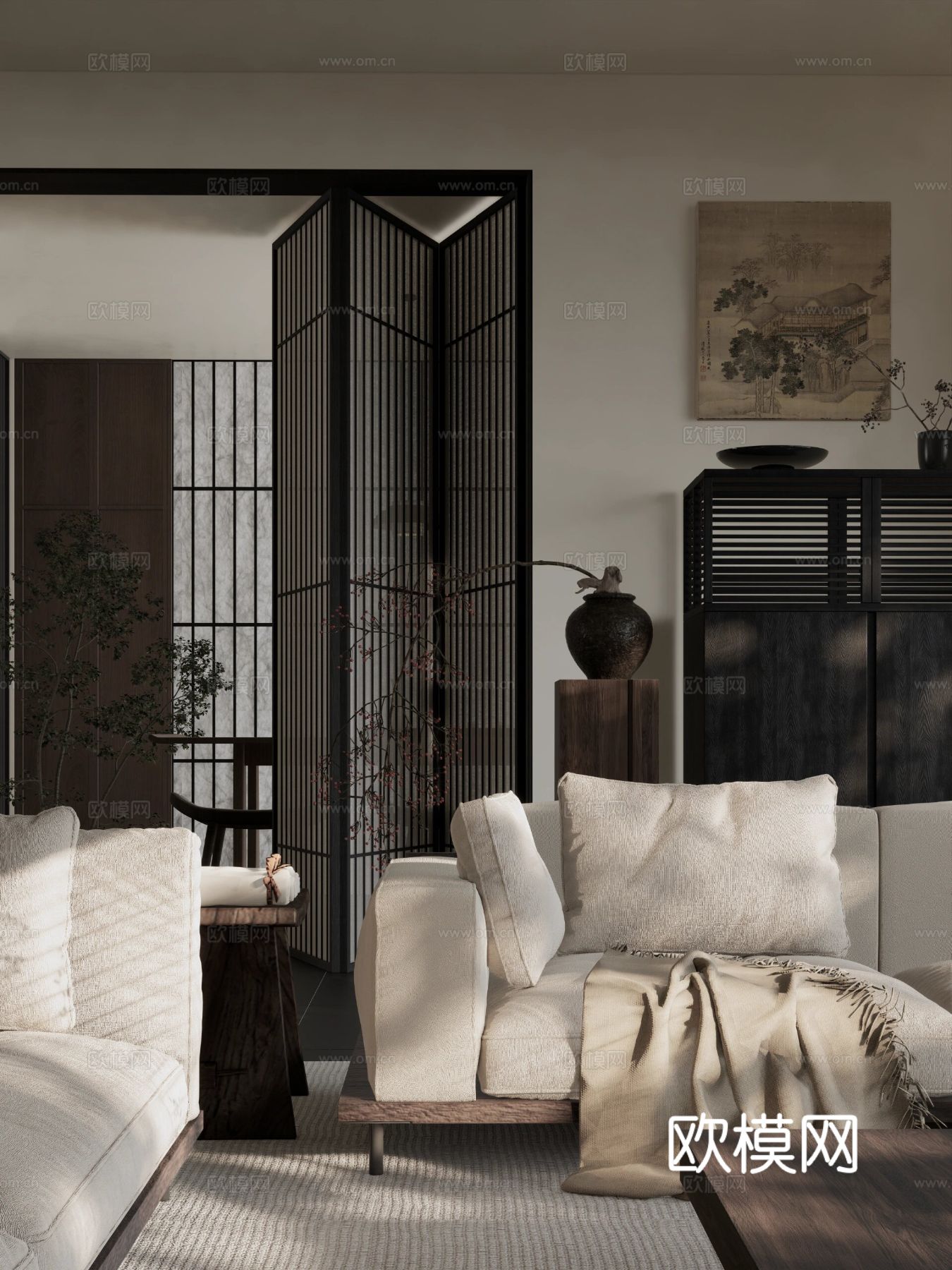 现代宋代美学家装效果图卧室客厅餐厅 高级灰极简设计中式效果图下载（渲染图1）