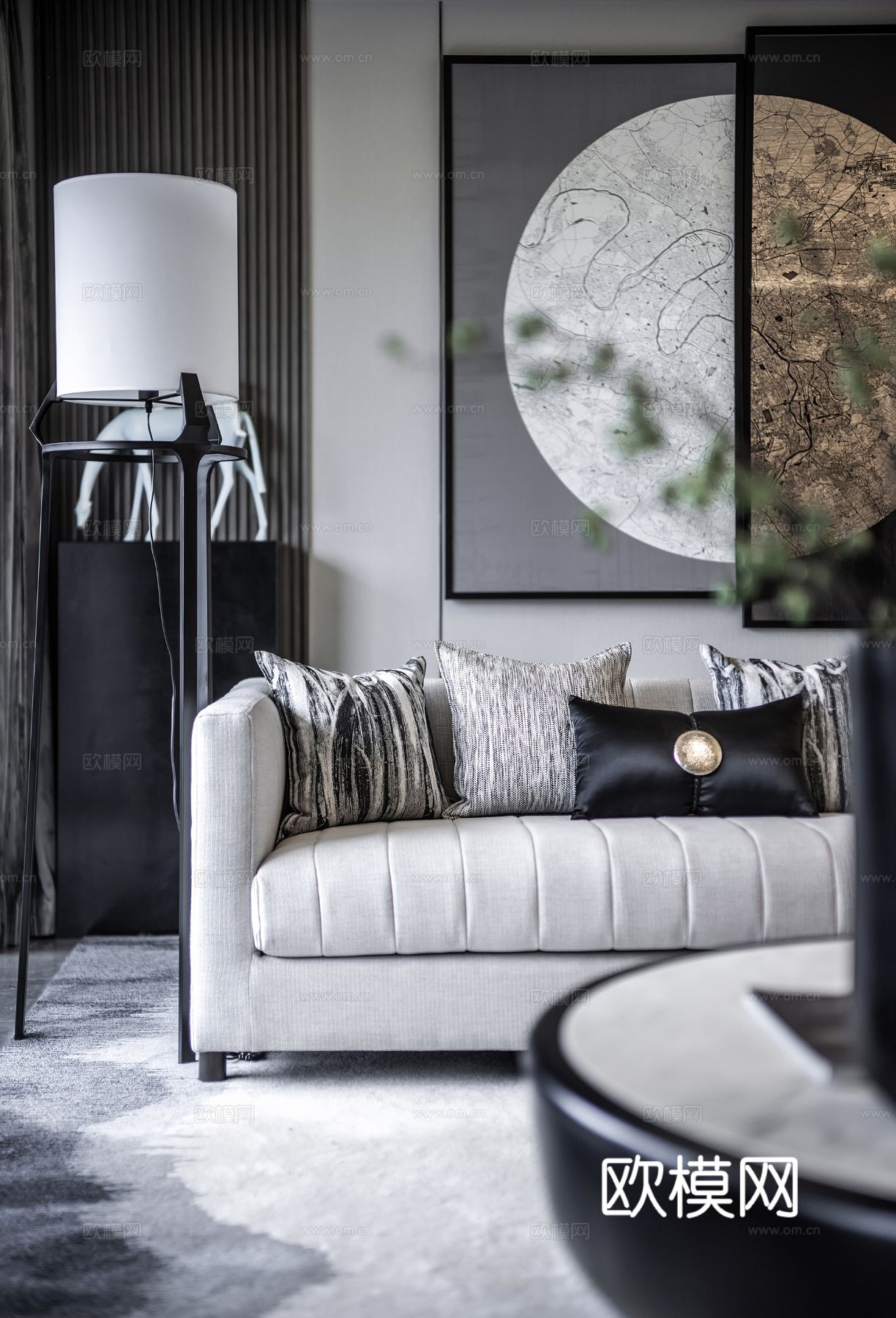 新中式家装效果图卧室客厅餐厅 高级灰极简设计高级灰效果图下载（渲染图2）