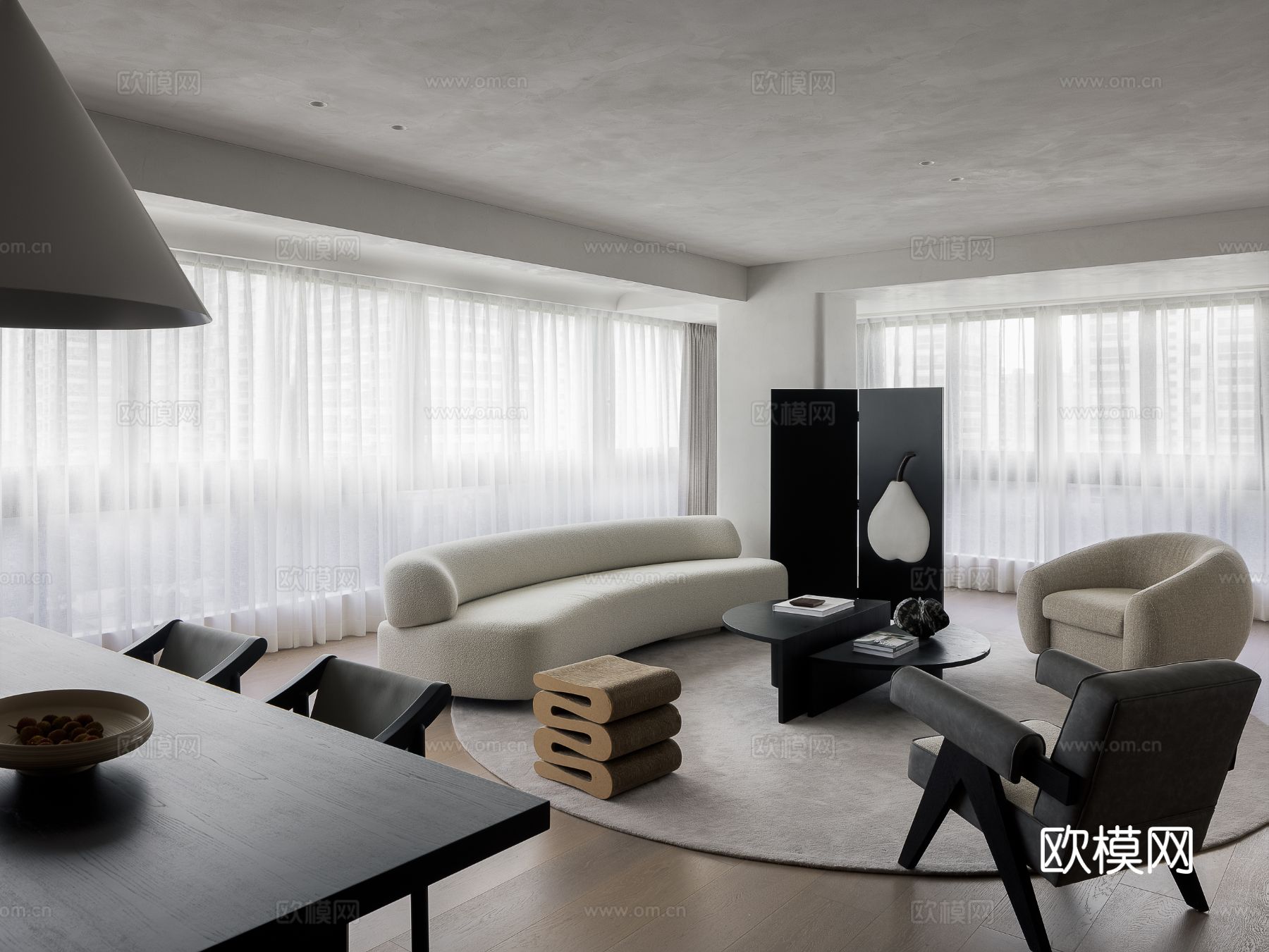 现代宋代美学家装效果图卧室客厅餐厅 高级灰极简设计中式效果图下载（渲染图1）