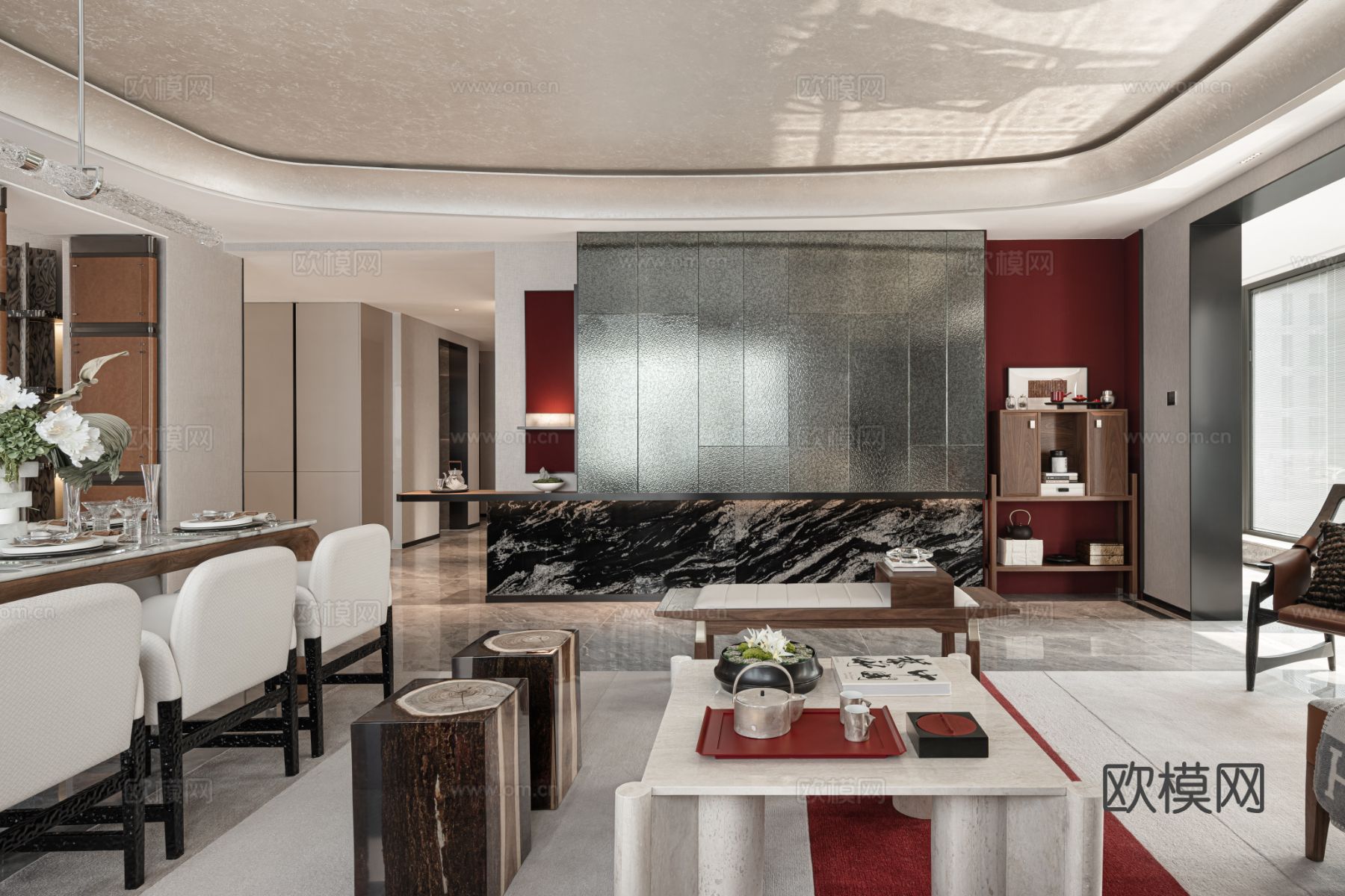 现代宋代美学家装效果图卧室客厅餐厅 高级灰极简设计中式效果图下载（渲染图1）