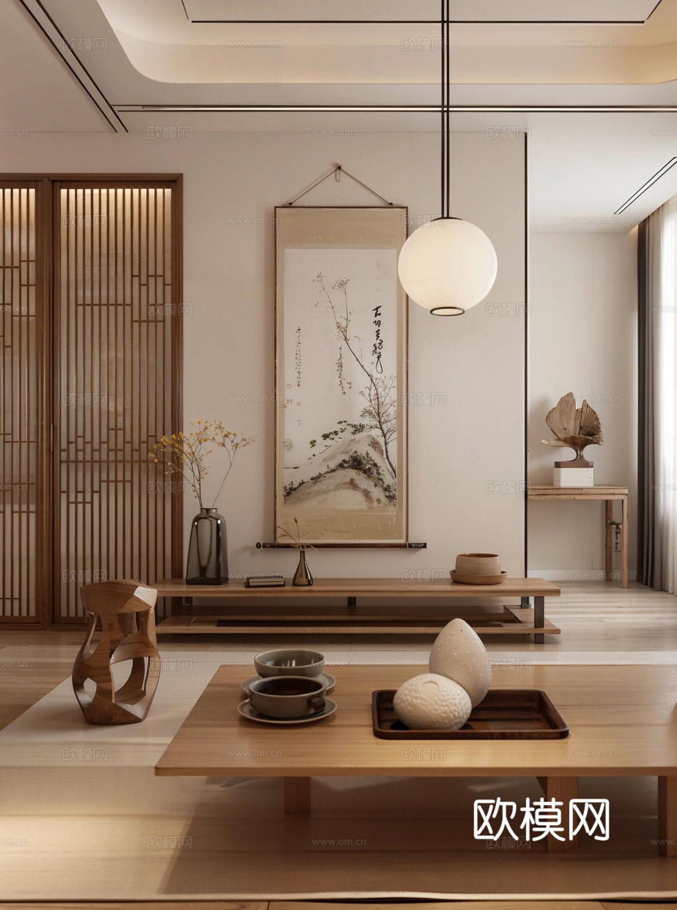 现代宋代美学家装效果图卧室客厅餐厅 高级灰极简设计中式效果图下载（渲染图1）