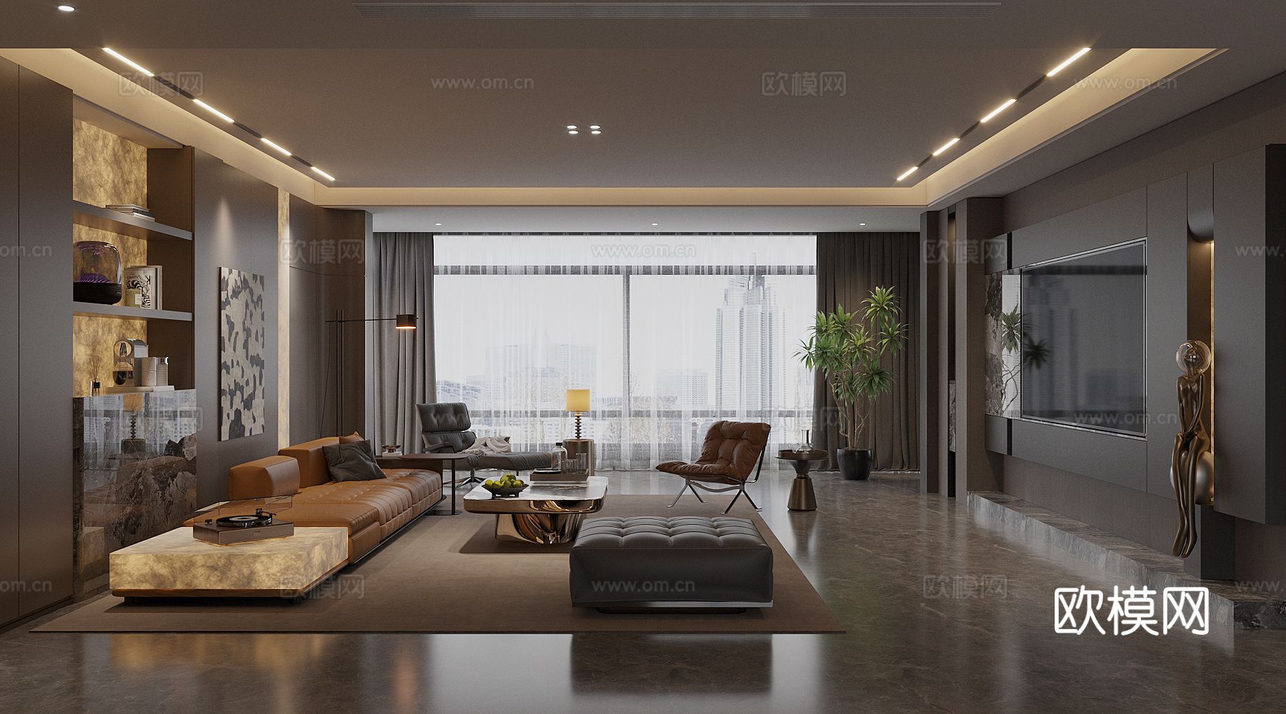 现代意式客厅 轻奢意式客厅 高级灰客厅 海派风客厅 沙发茶几3d模型下载（渲染图2）