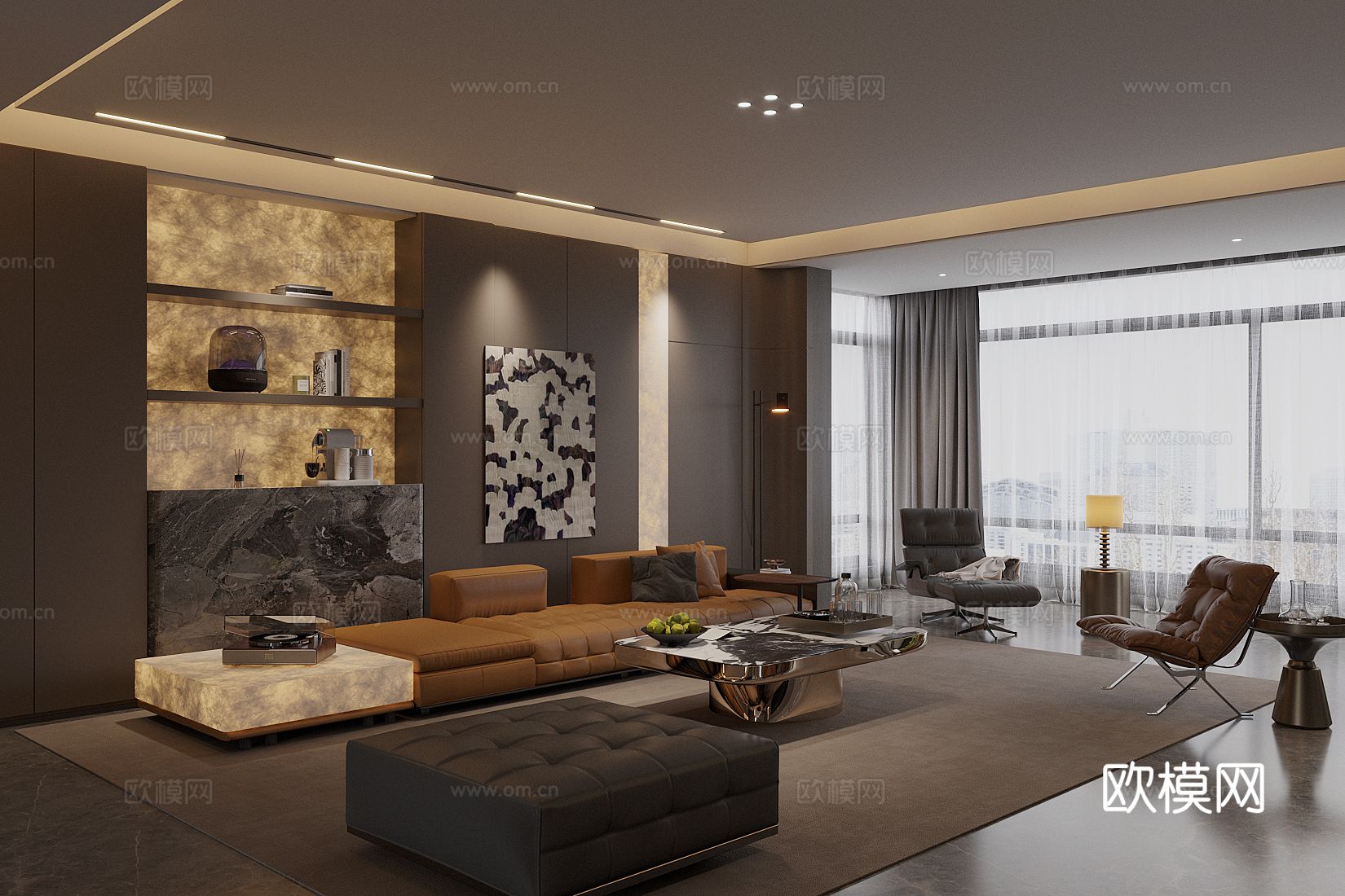 现代意式客厅 轻奢意式客厅 高级灰客厅 海派风客厅 沙发茶几3d模型下载（渲染图1）