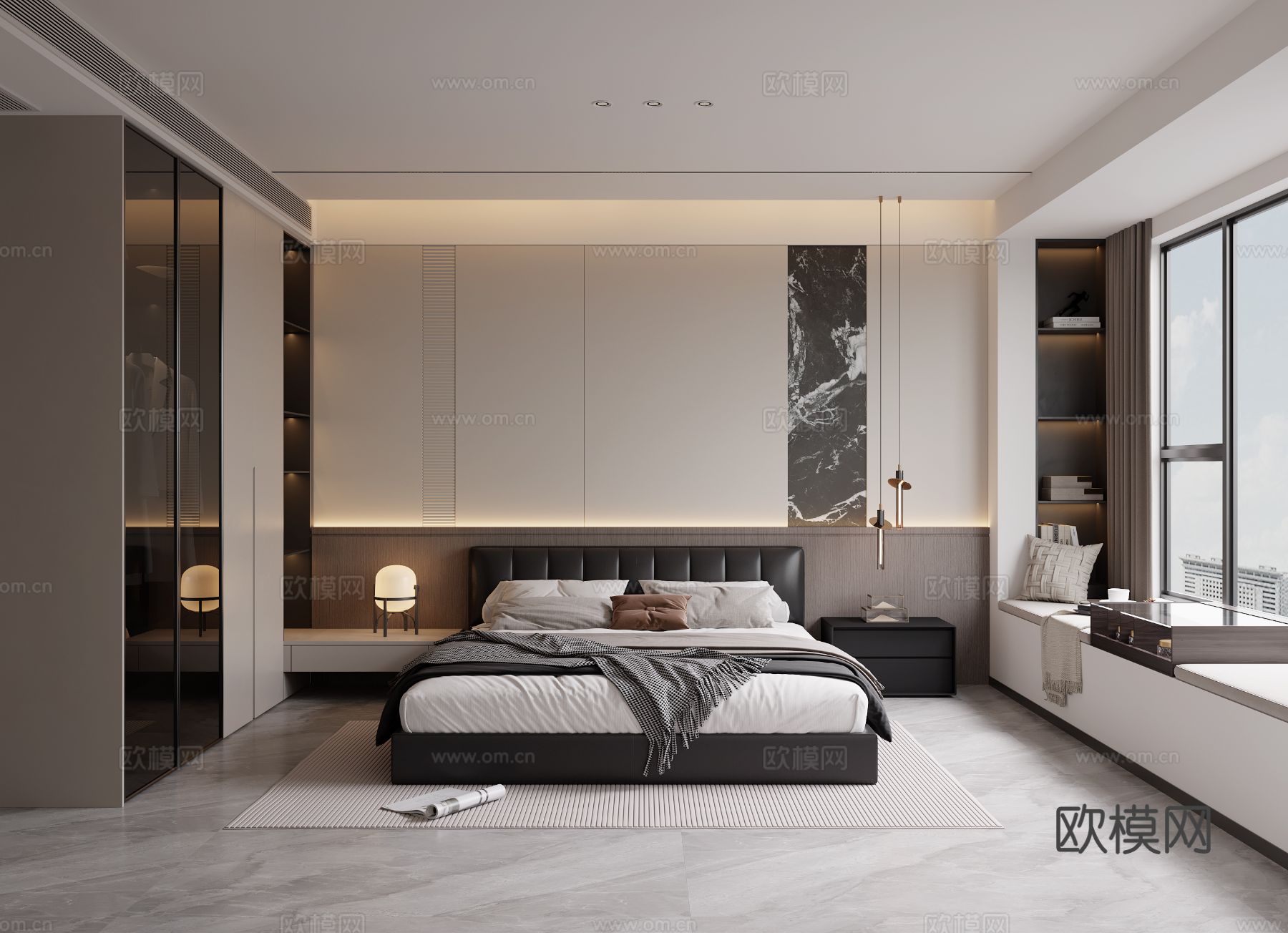 意式黑白灰卧室3d模型下载