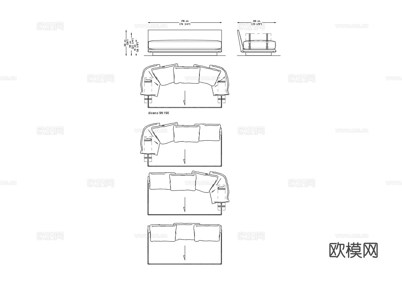 92款 B&B Italia 沙发CAD三视图