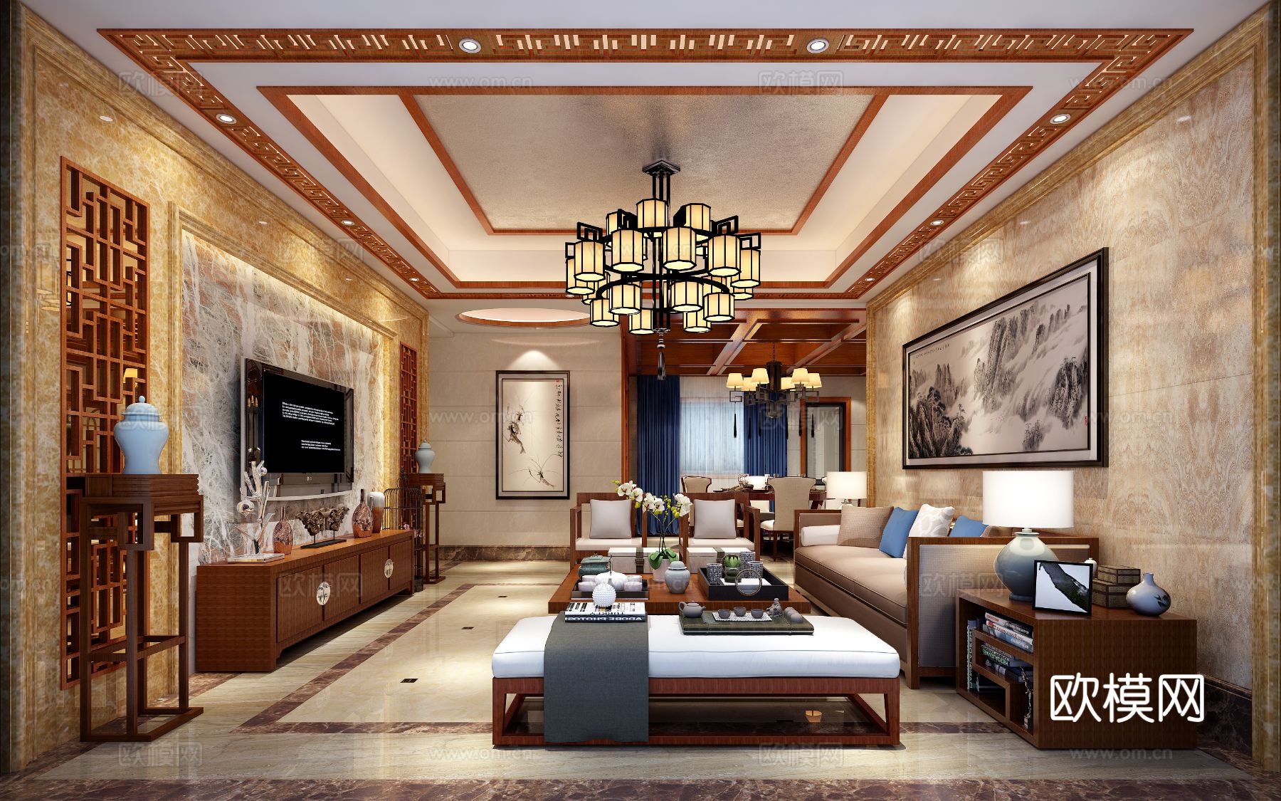 200平方新中式豪宅效果图下载（渲染图1）