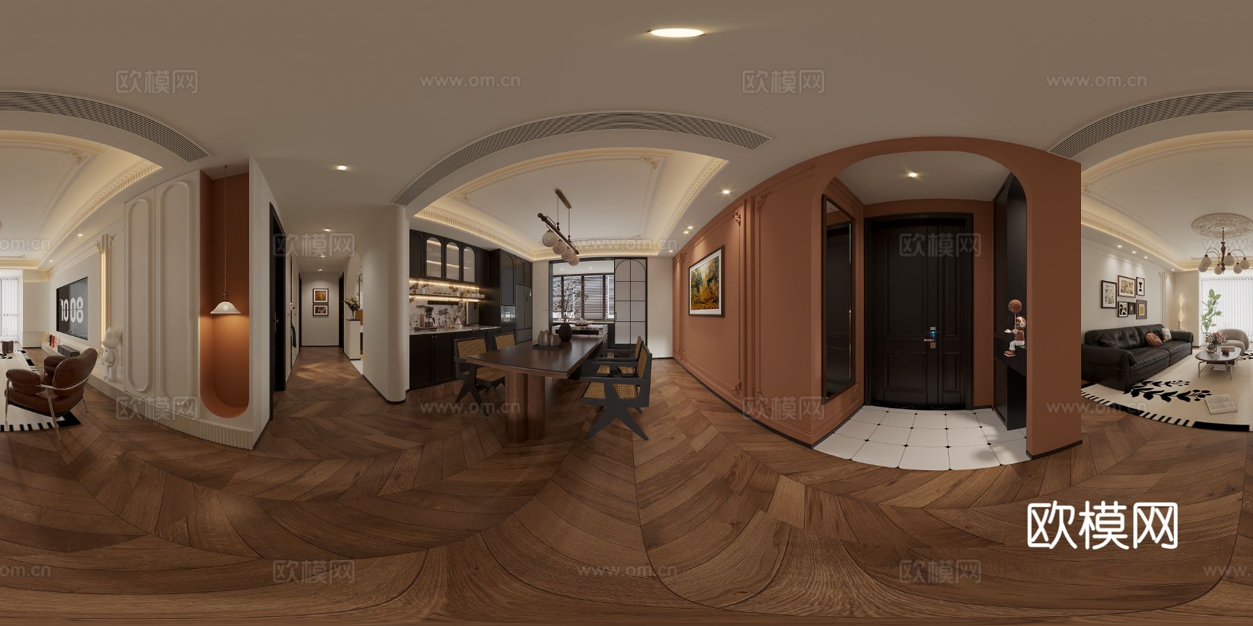 法式大平层全景效果图 全景图下载（渲染图3）