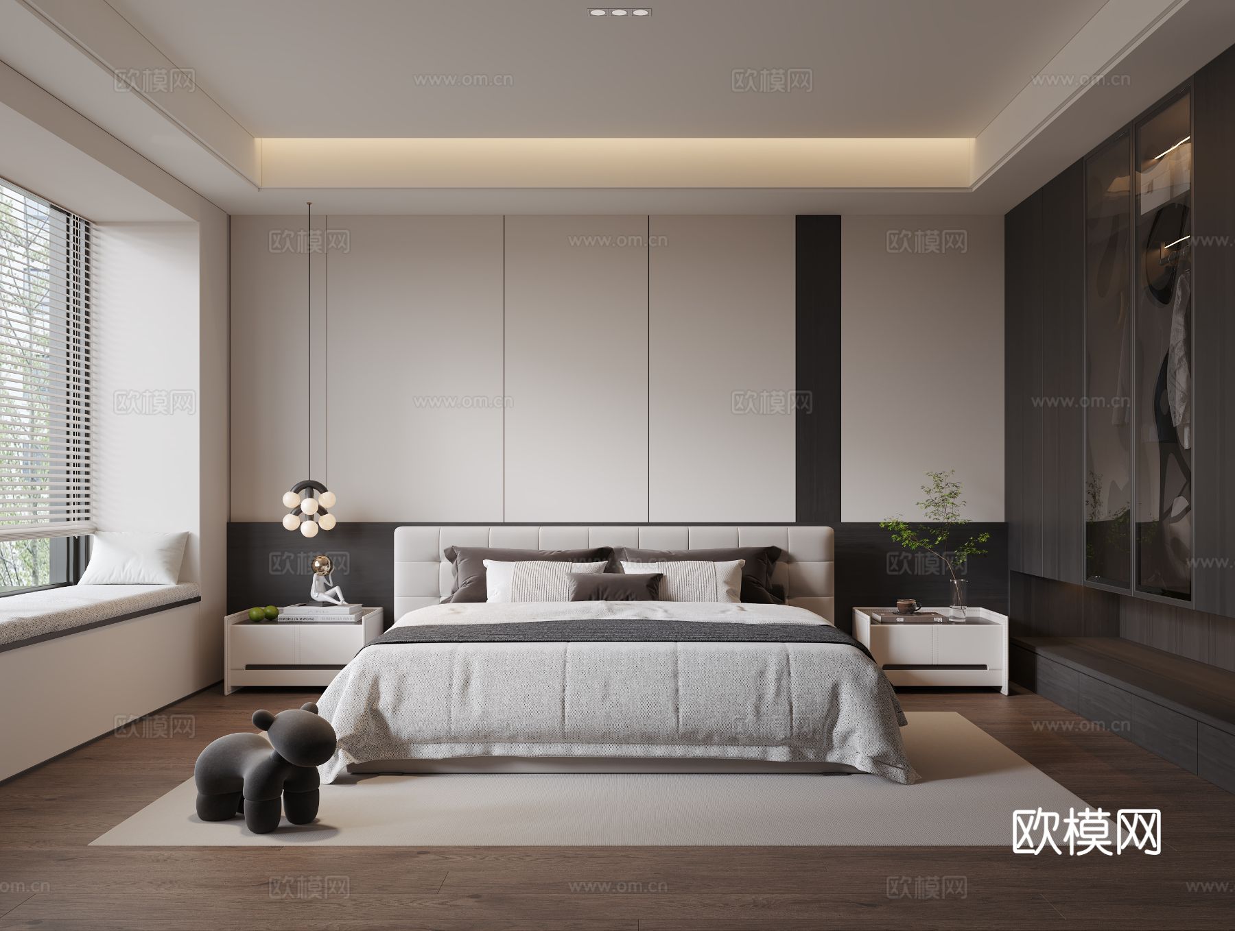 现代家居卧室 双人床 摆件 衣柜 主卧室 简约 飘窗卧室 吊3d模型下载