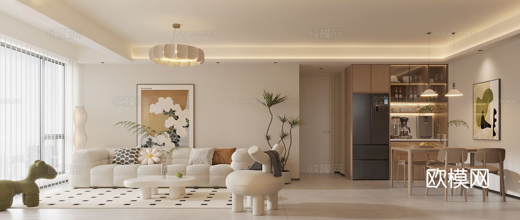 奶油风大平层家装全景图 装修效果图下载（渲染图9）