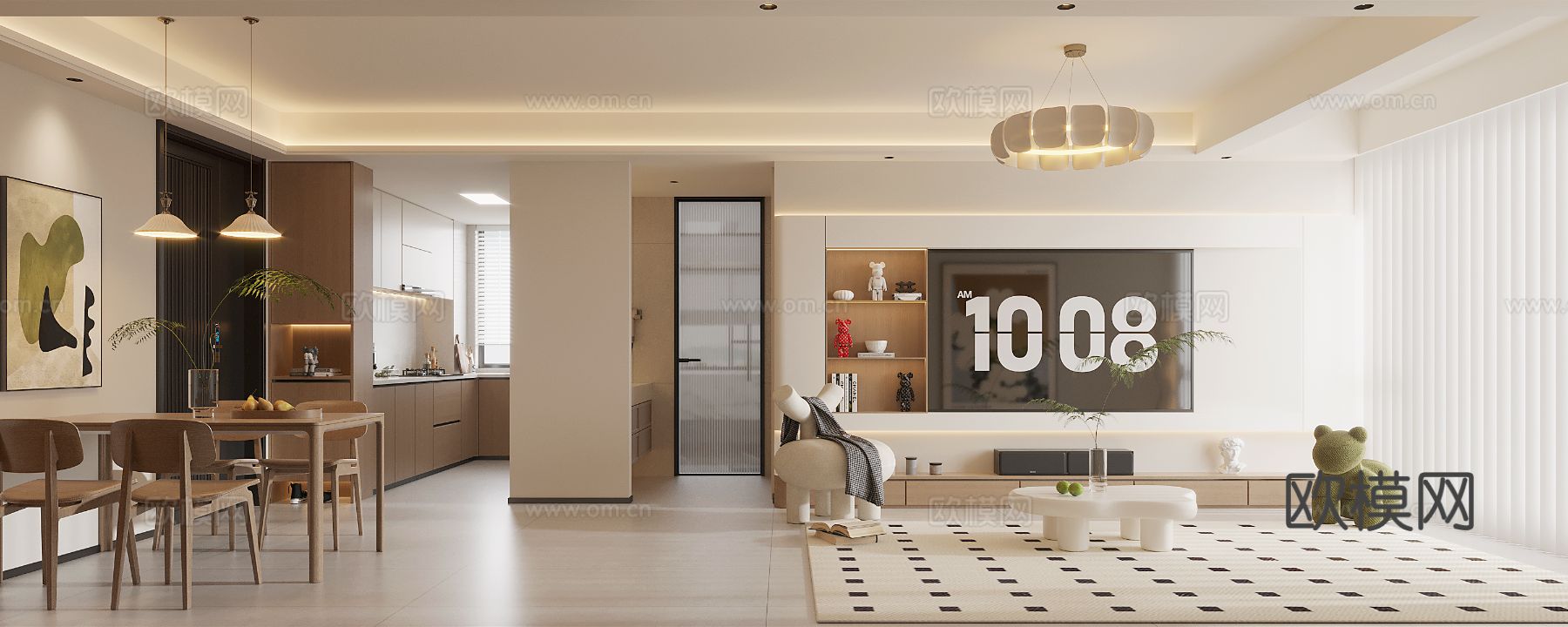 奶油风大平层家装全景图 装修效果图下载（渲染图4）