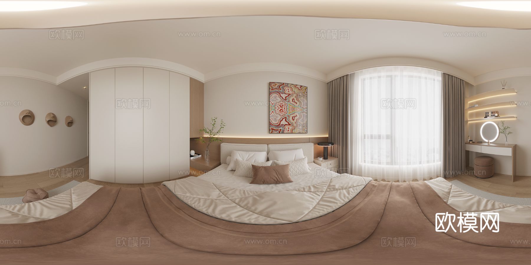 奶油风大平层家装全景图 装修效果图下载（渲染图8）