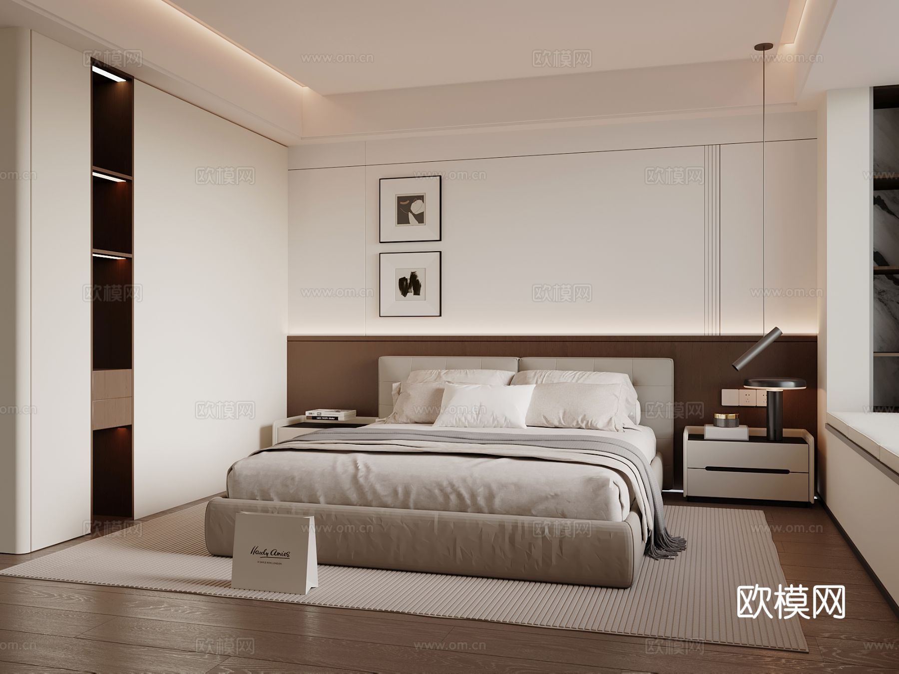 现代意式卧室  衣柜 双人床 床头柜 木饰面床头背景3d模型下载