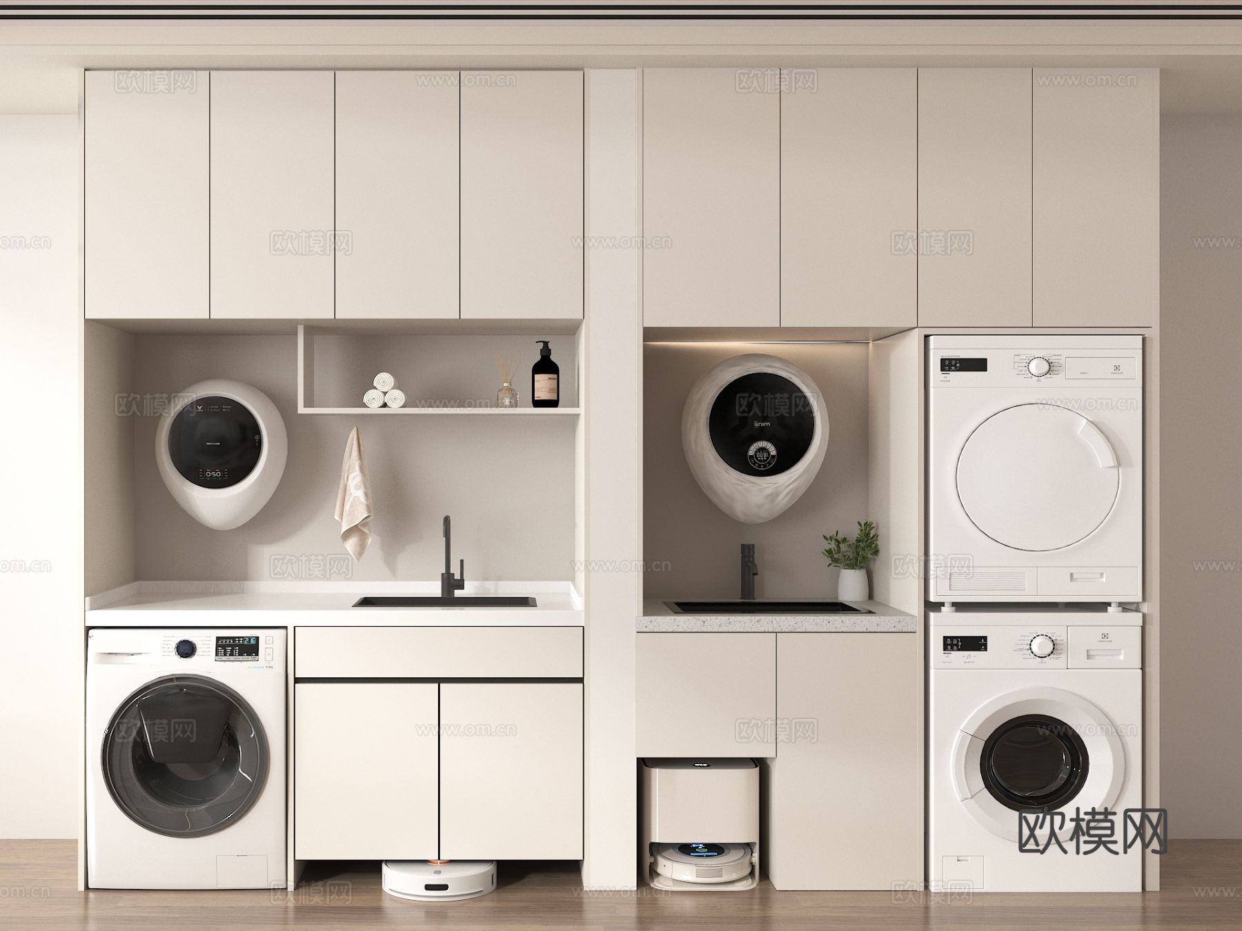 现代洗衣机柜 洗衣机 壁挂洗衣机 烘干机 扫地机器人3d模型3d模型下载