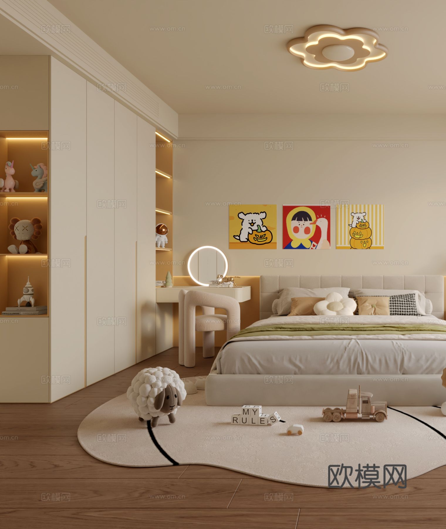 现代奶油风儿童房3d模型下载（渲染图2）