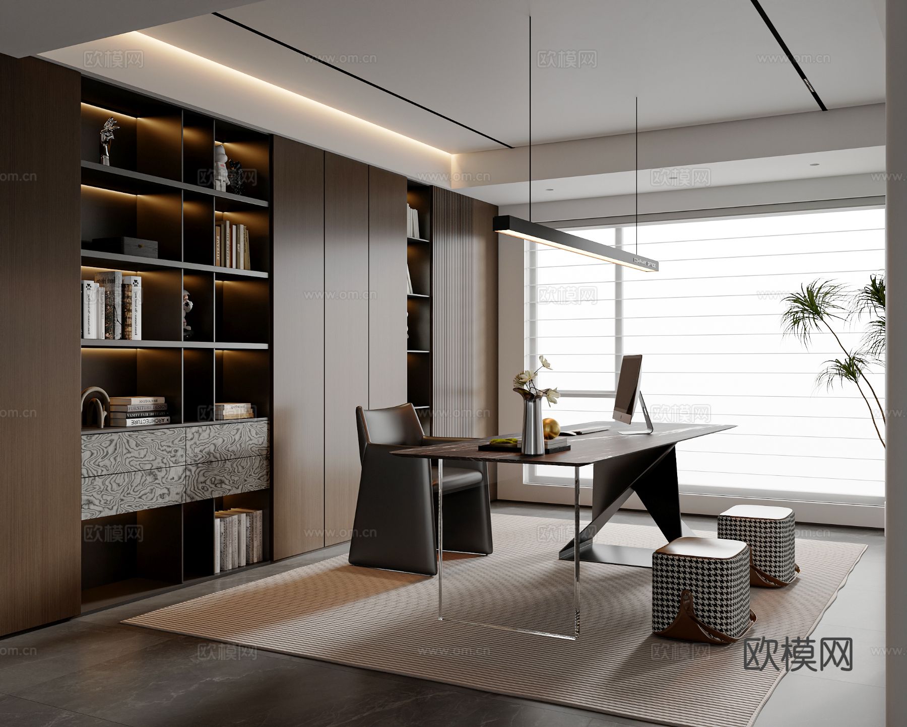 现代意式书房 书桌椅组合 书柜 书房摆件 吊灯 意式书桌3d模型下载