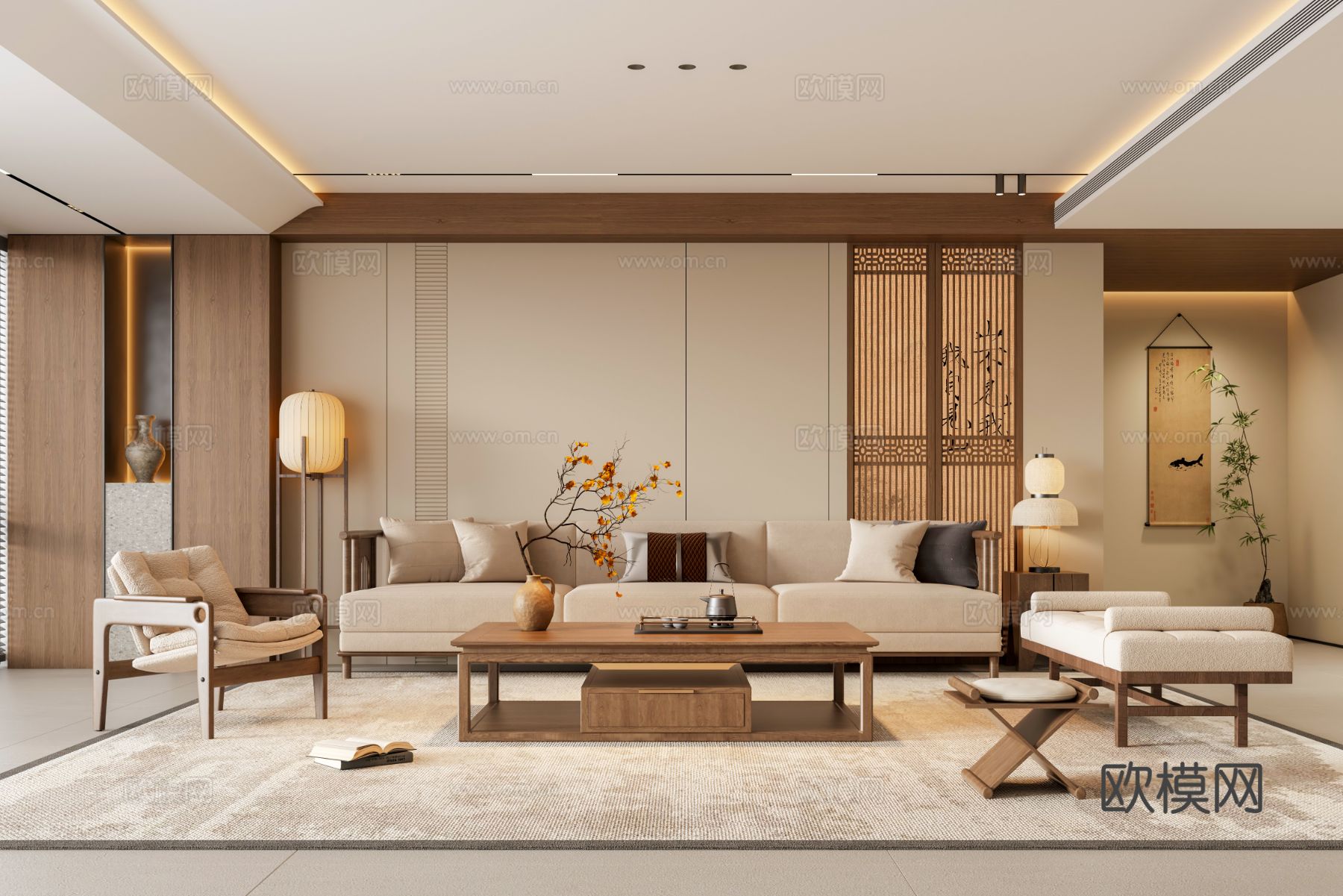 禅意新中式家居客厅3d模型下载（渲染图1）