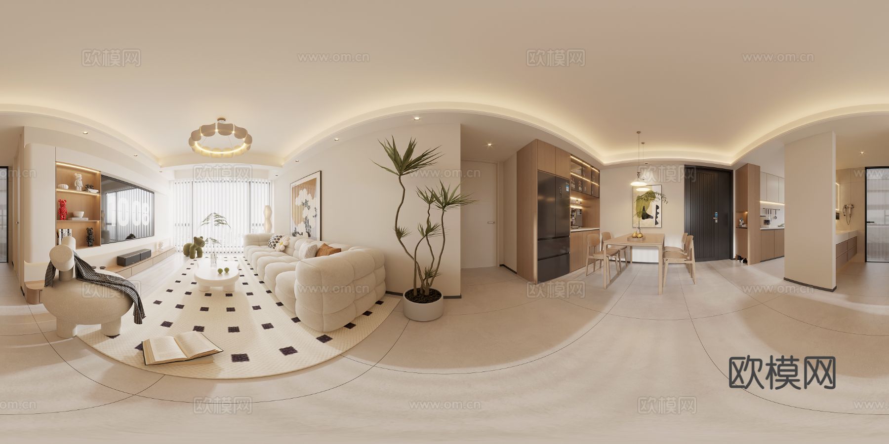 奶油风客餐厅 家装全景图 装修效果图下载（渲染图3）