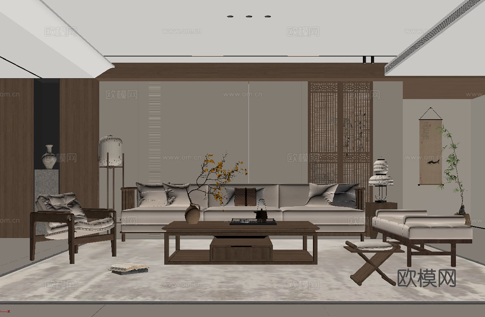 禅意新中式家居客厅3d模型下载（渲染图2）