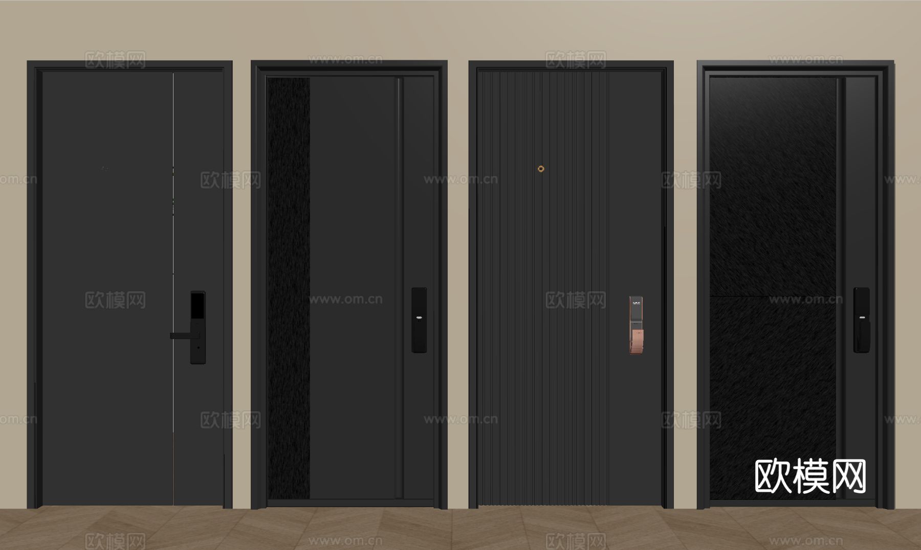 现代防盗门组合  单开门 平开门  指纹锁门su模型