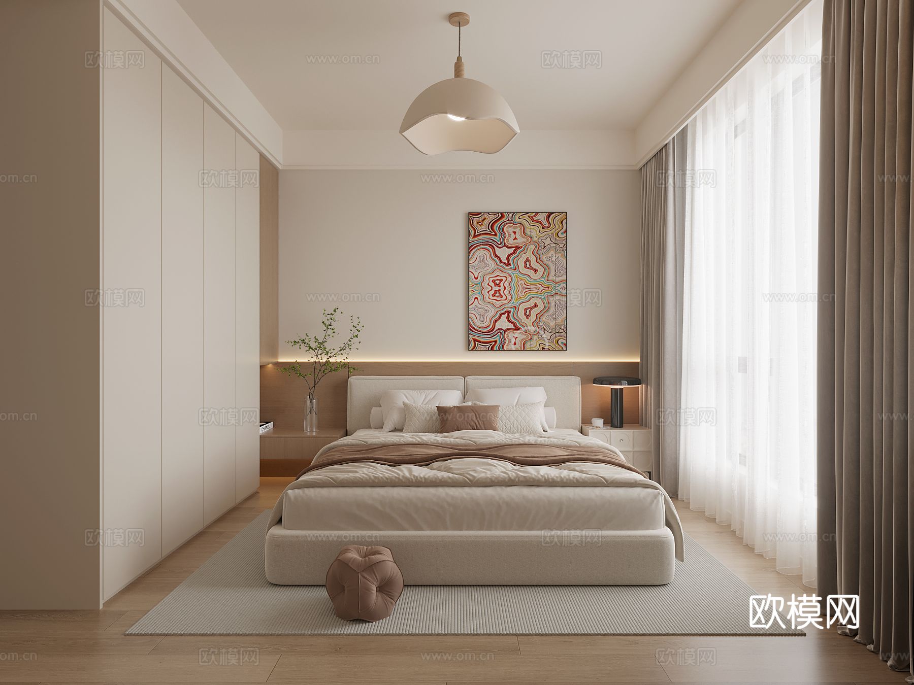 奶油风客餐厅 家装全景图 装修效果图下载（渲染图7）