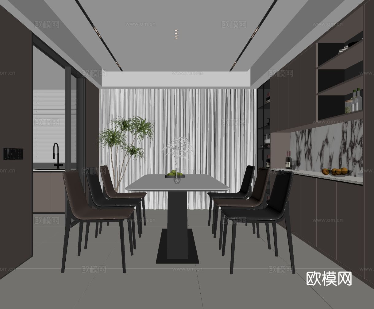 现代餐厅 餐桌椅 酒柜 餐边柜su模型