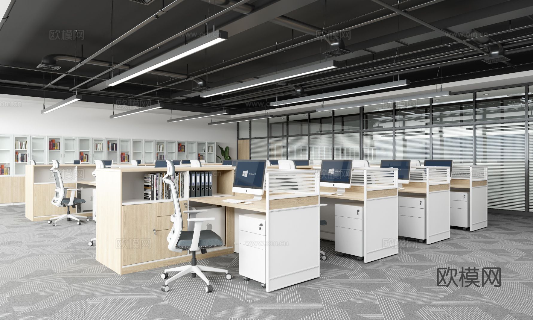 工业风开敞办公区 屏风职员办公桌椅  文件柜 长侧柜职员办公3d模型下载