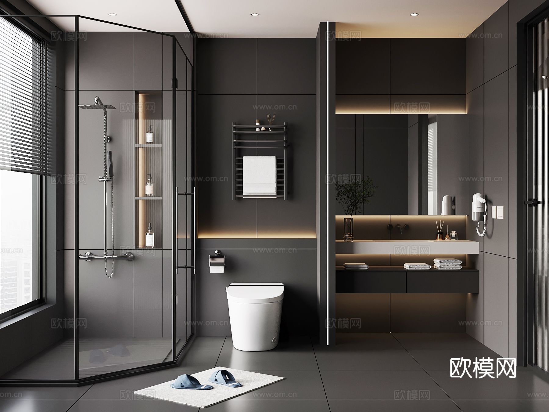 现代意式卫生间 浴室柜 马桶 淋浴间su模型