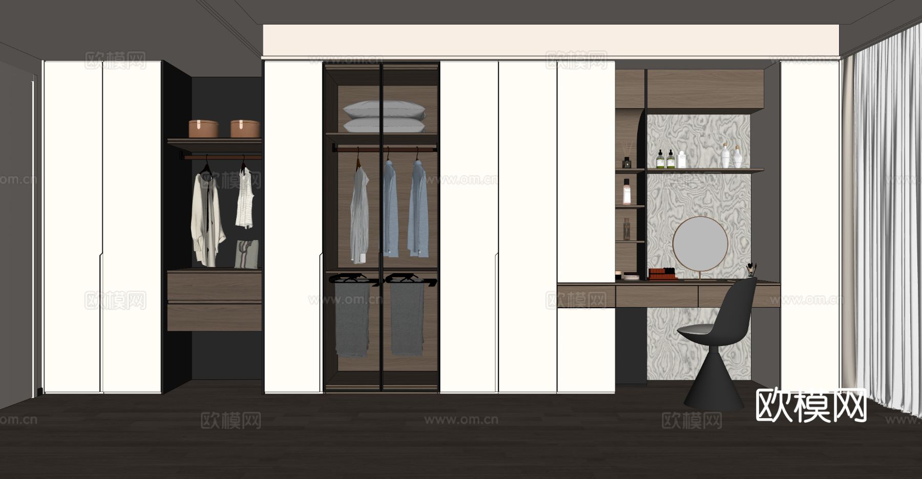 现代家居卧室衣柜 床尾衣柜 梳妆台衣柜 玻璃门衣柜 梳妆椅su模型