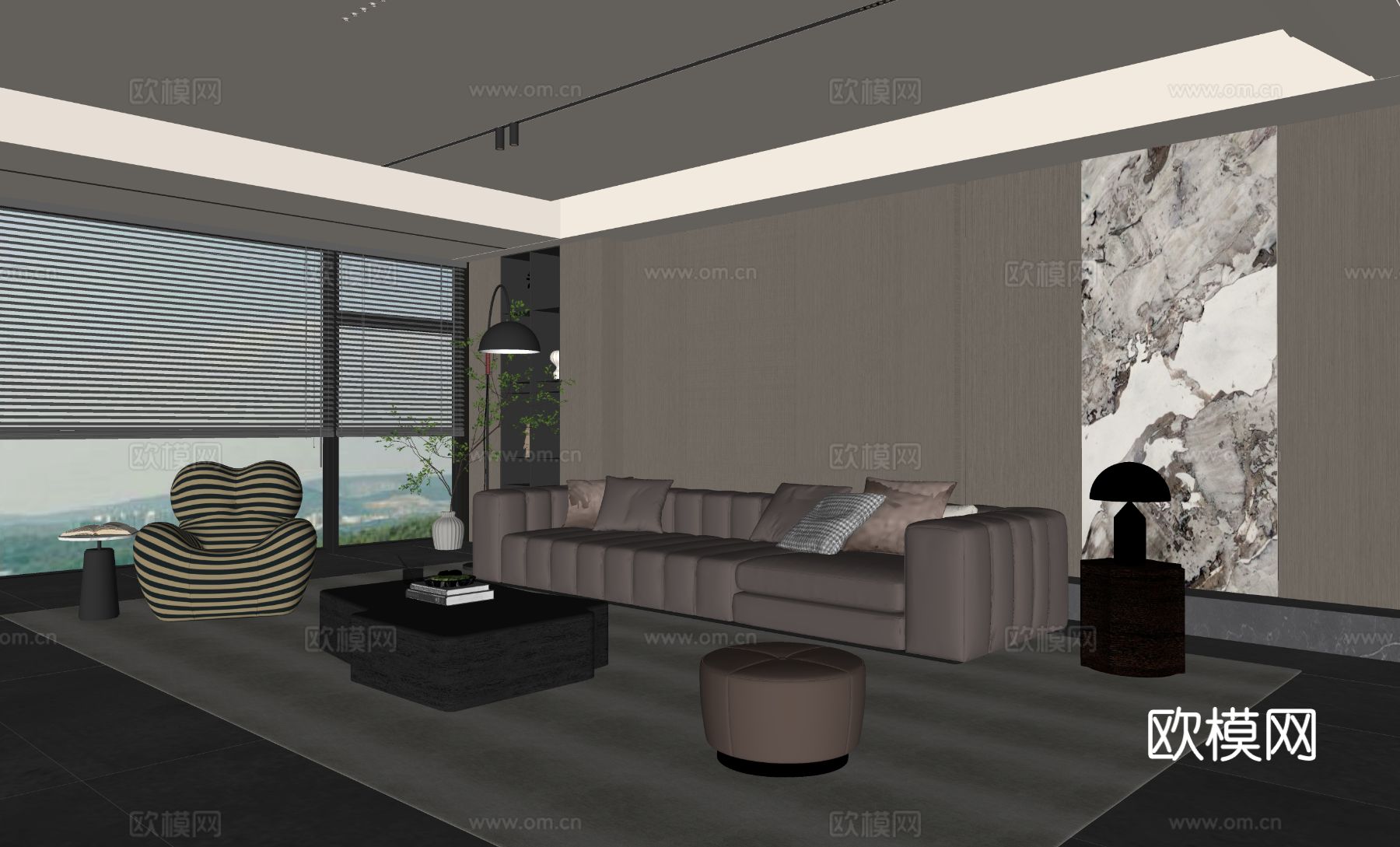 意式客厅 现代客厅 沙发茶几组合 休闲椅 沙发背景su模型