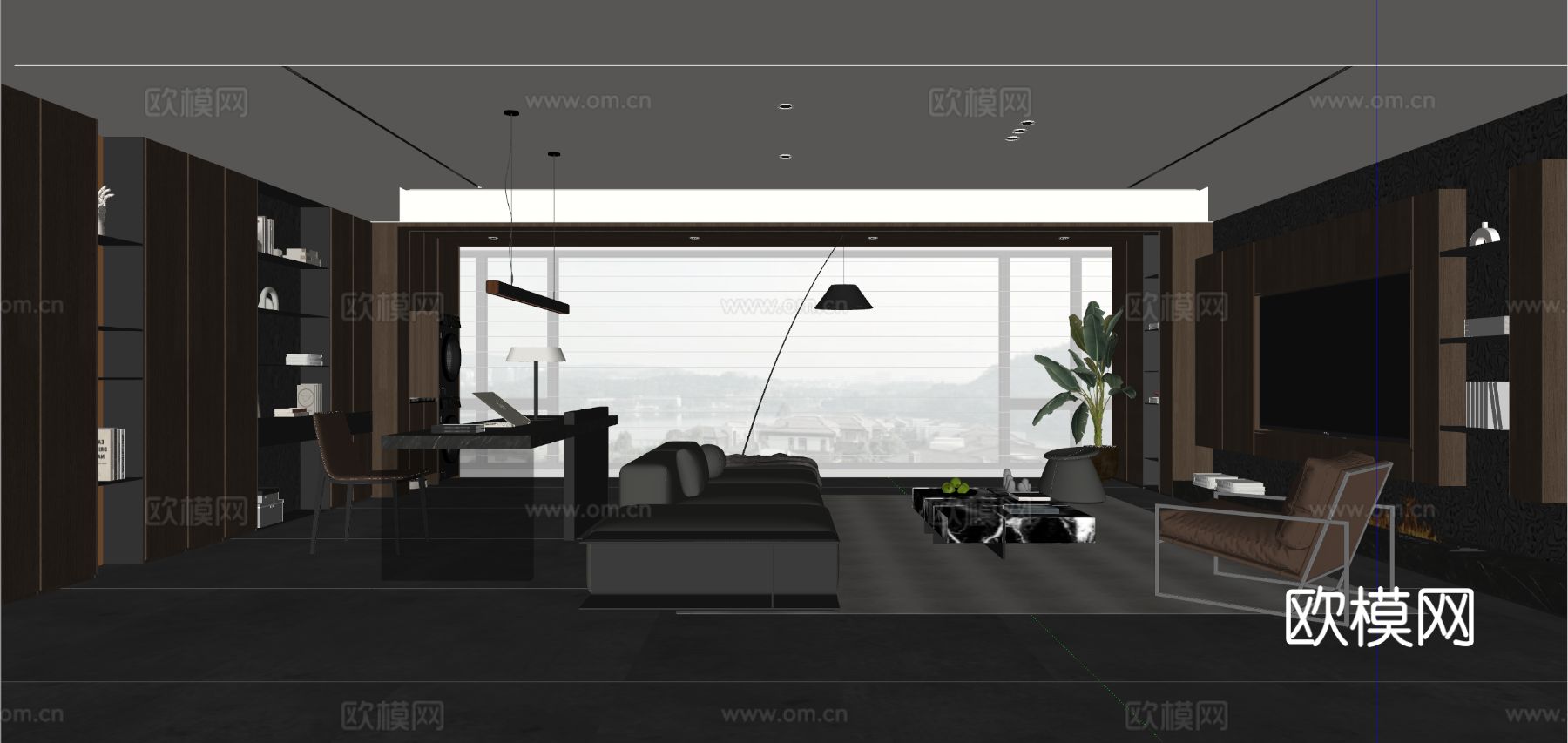 现代意式客厅 大平层 沙发茶几 书桌椅 电视背景墙 吊灯 书su模型