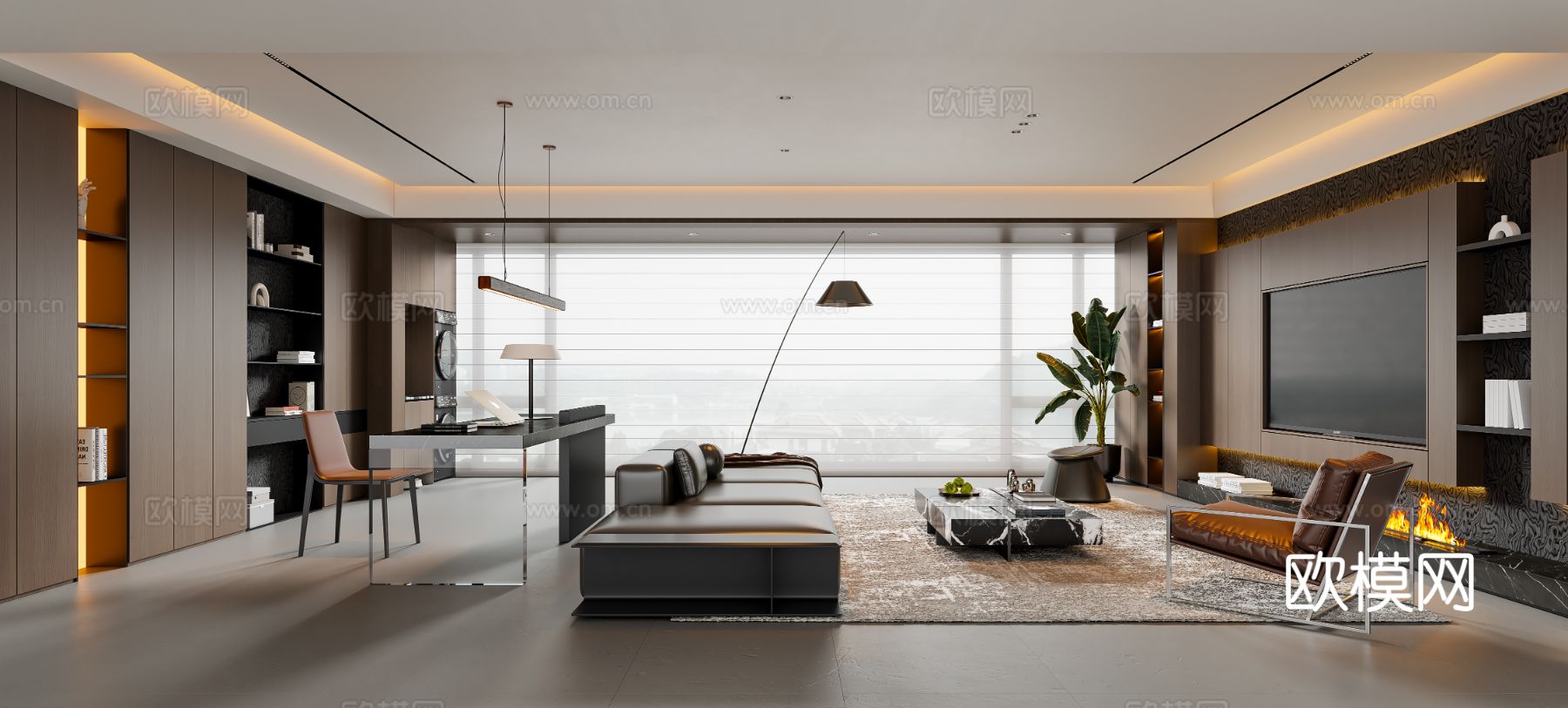 现代意式客厅 大平层 沙发茶几 书桌椅 电视背景墙 吊灯 书su模型