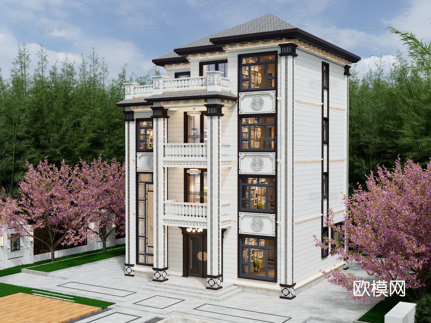 中式别墅外观装修效果图下载（渲染图3）