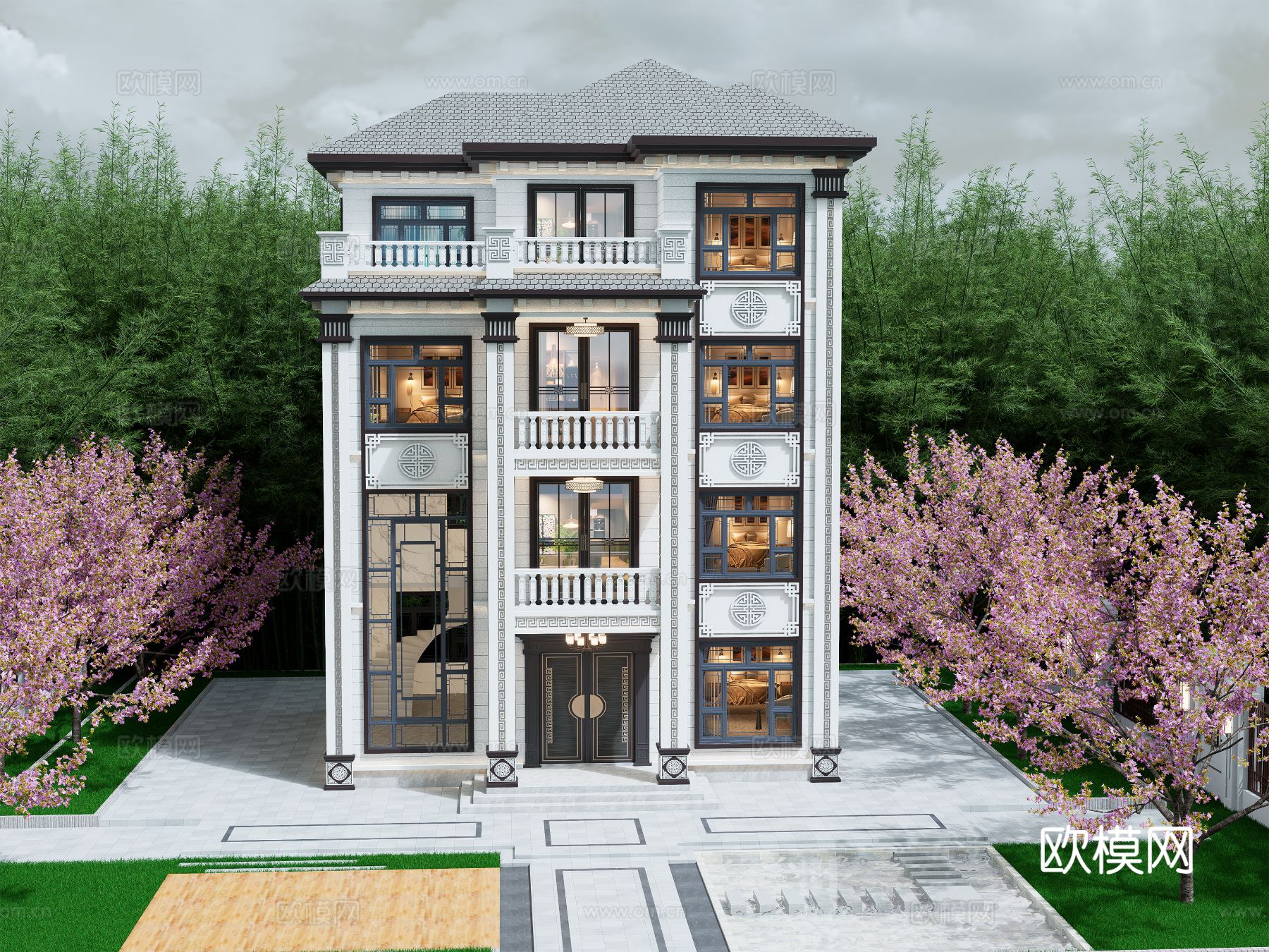 中式别墅外观装修效果图下载（渲染图2）