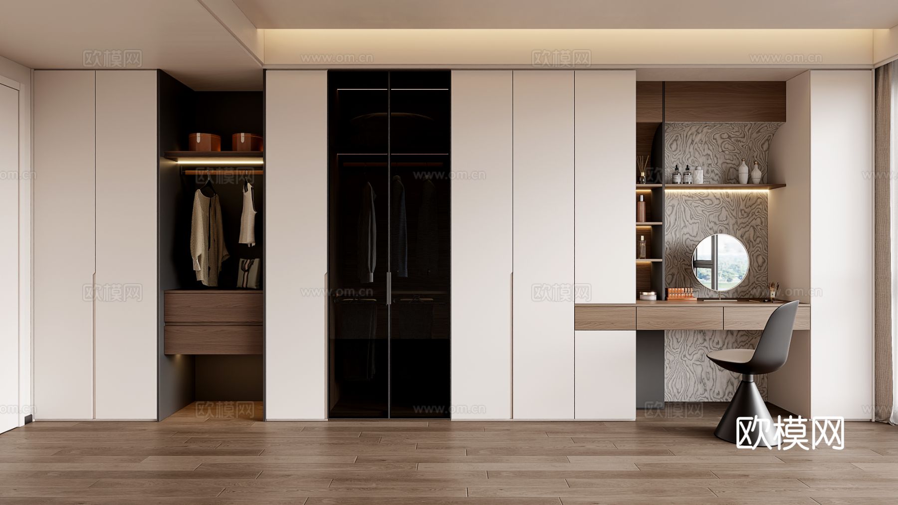 现代家居卧室衣柜 床尾衣柜 梳妆台衣柜 玻璃门衣柜 梳妆椅3d模型下载