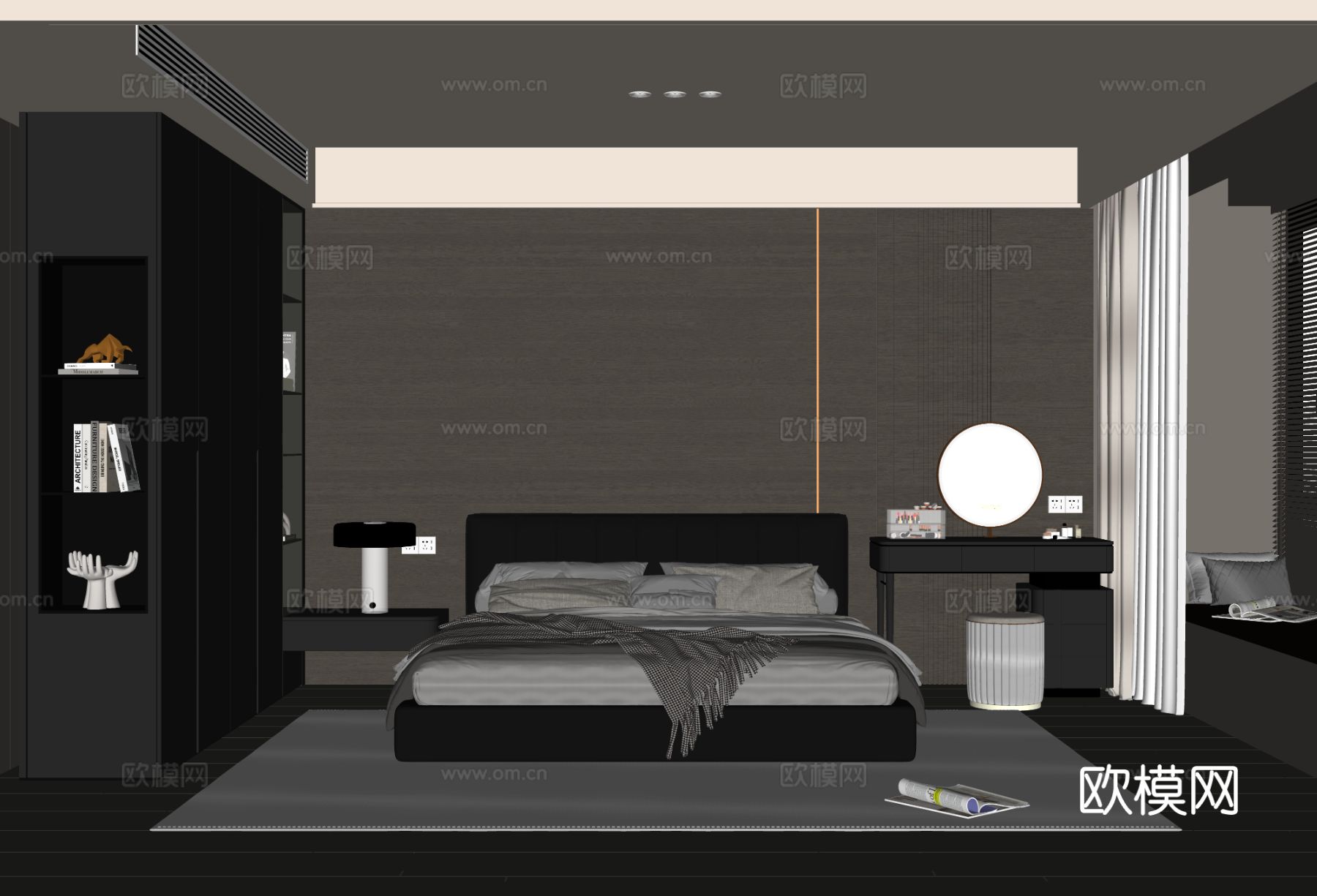 意式卧室 无主灯卧室 家居卧室 黑色风格卧室 双人床 现代卧su模型