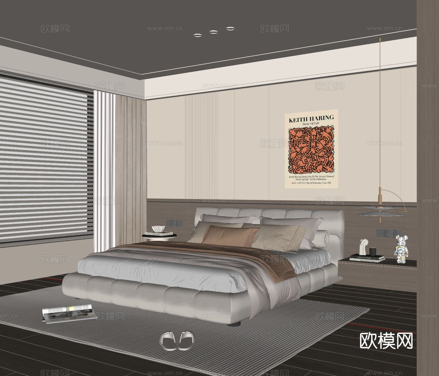 现代卧室 布艺双人床 床头柜 吊灯 挂画 地毯su模型