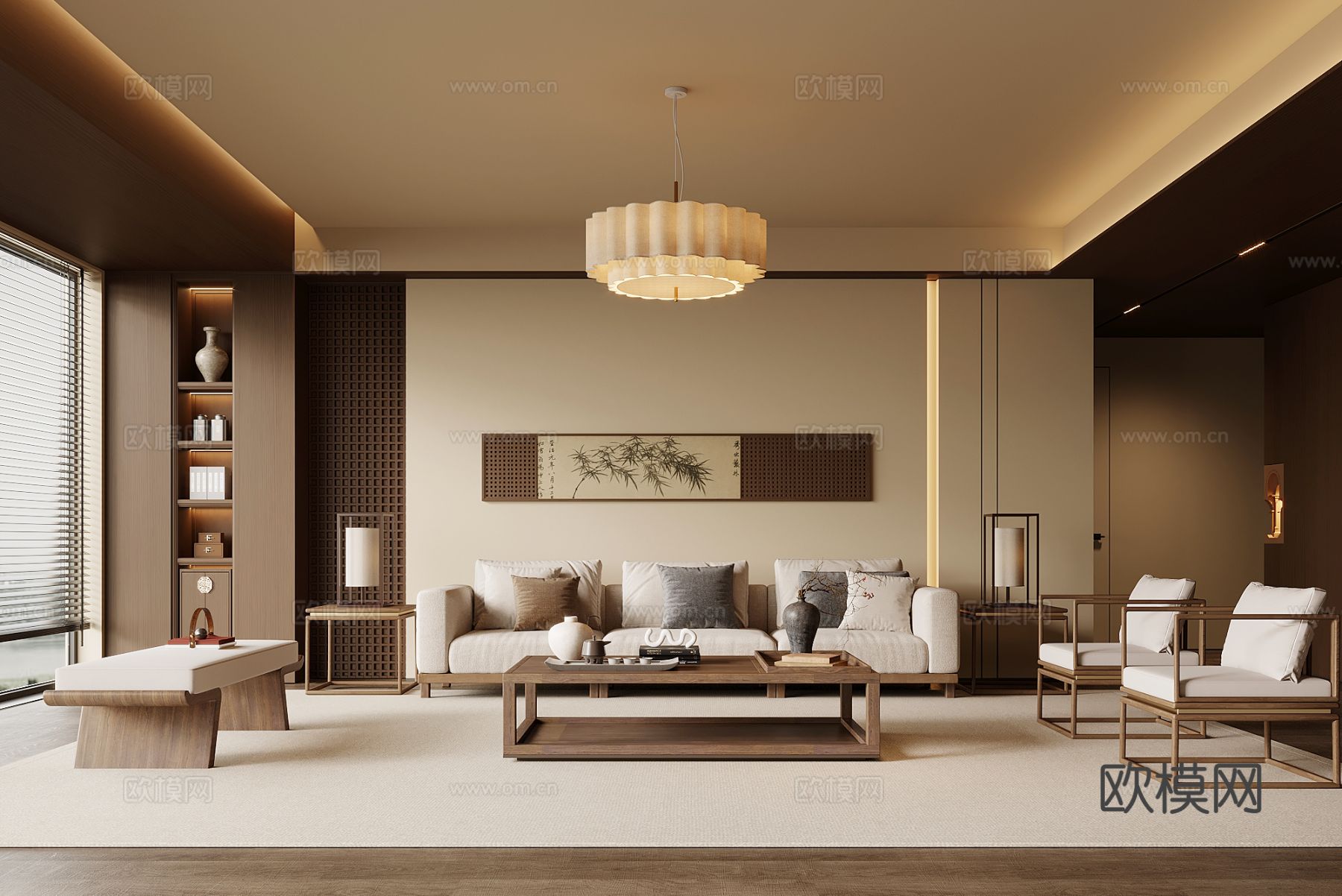 宋式风客厅 沙发背景墙 沙发茶几组合3d模型下载