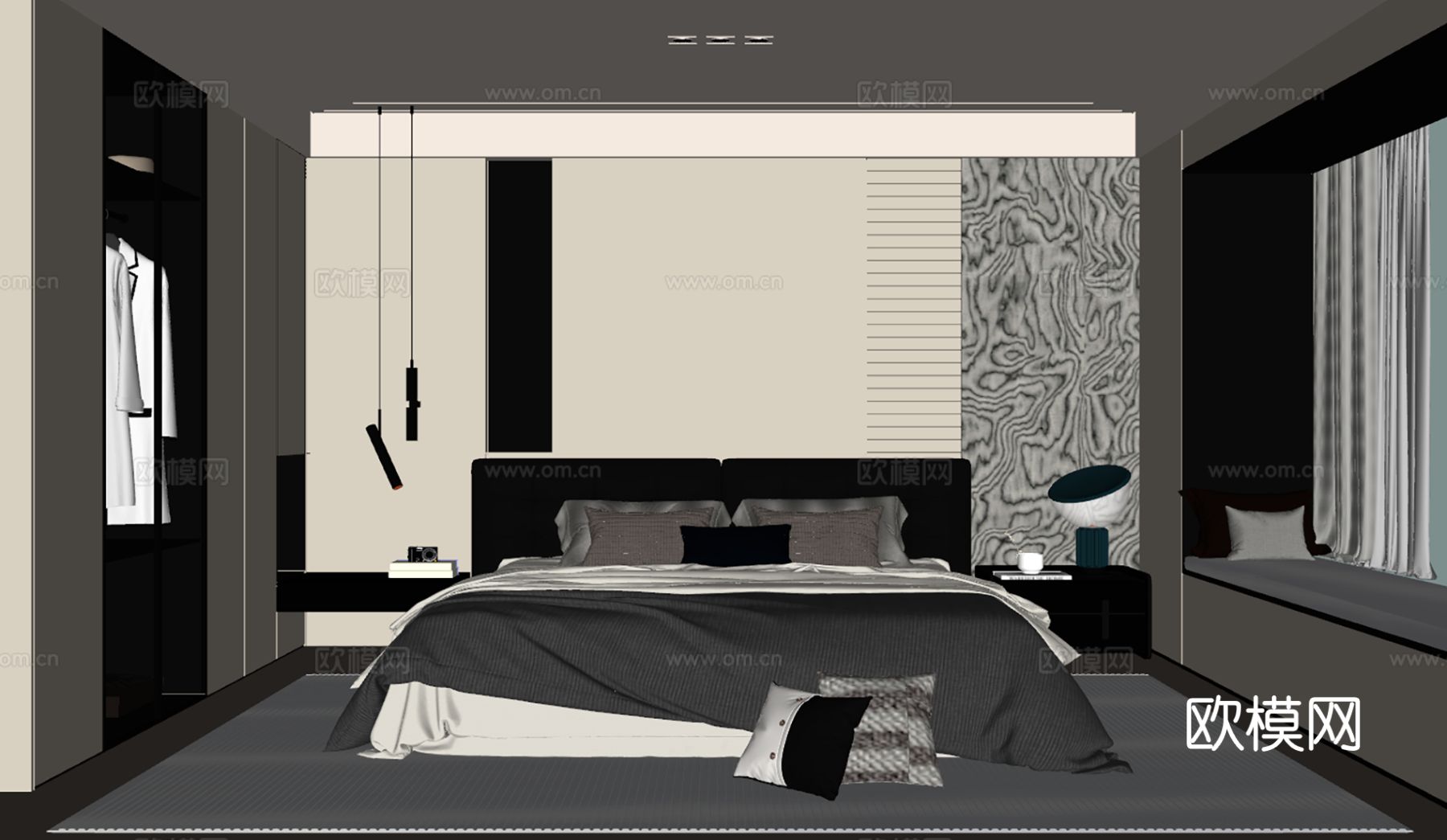 意式轻奢家居卧室 黑白灰卧室 皮质双人床 主卧床头背景墙su模型