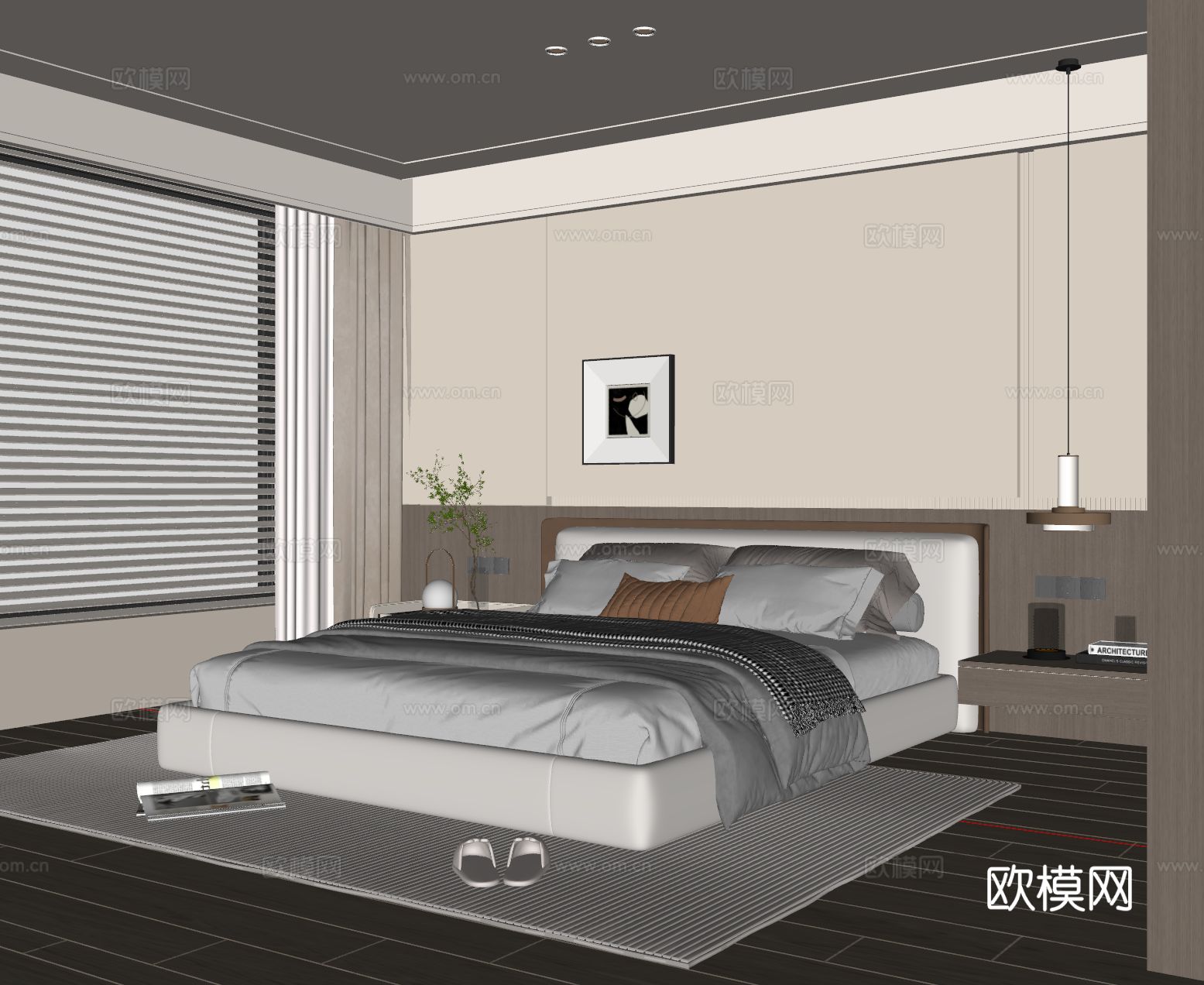 现代卧室 布艺双人床 床头柜 吊灯 挂画 地毯su模型su模型