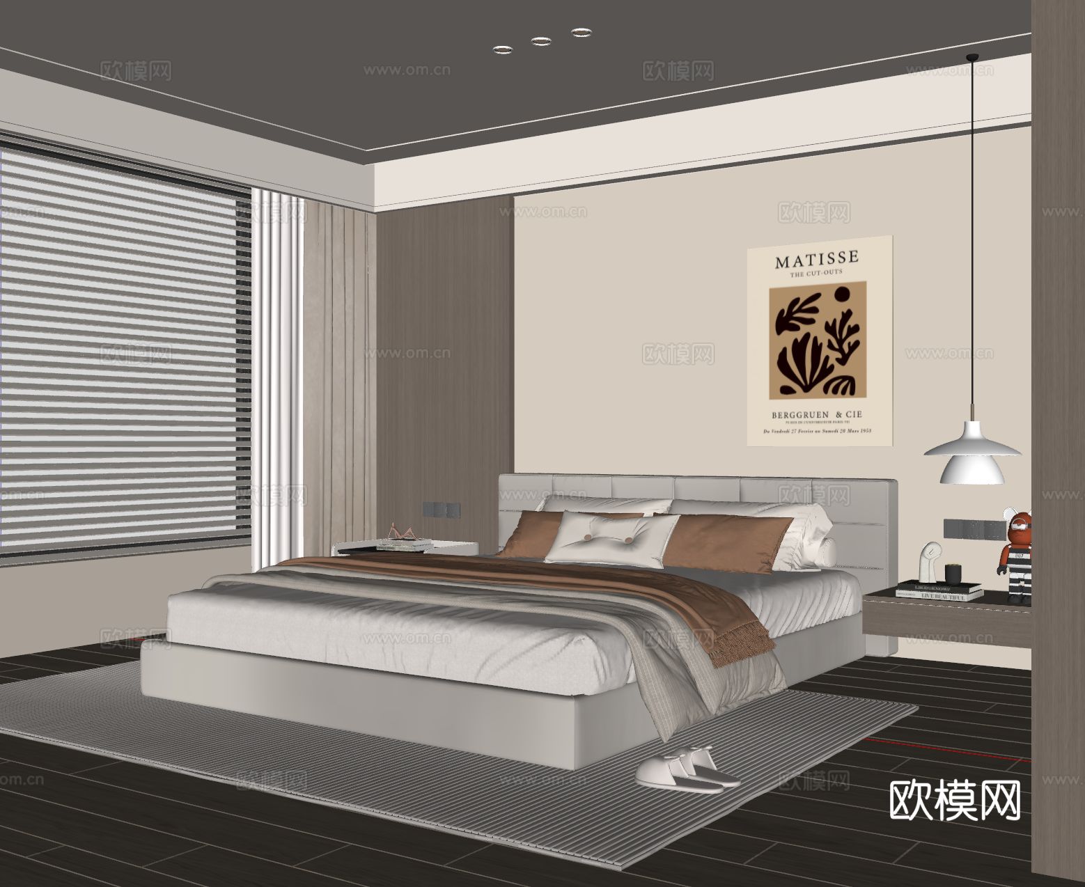 现代卧室 布艺双人床 床头柜 吊灯 挂画 地毯su模型